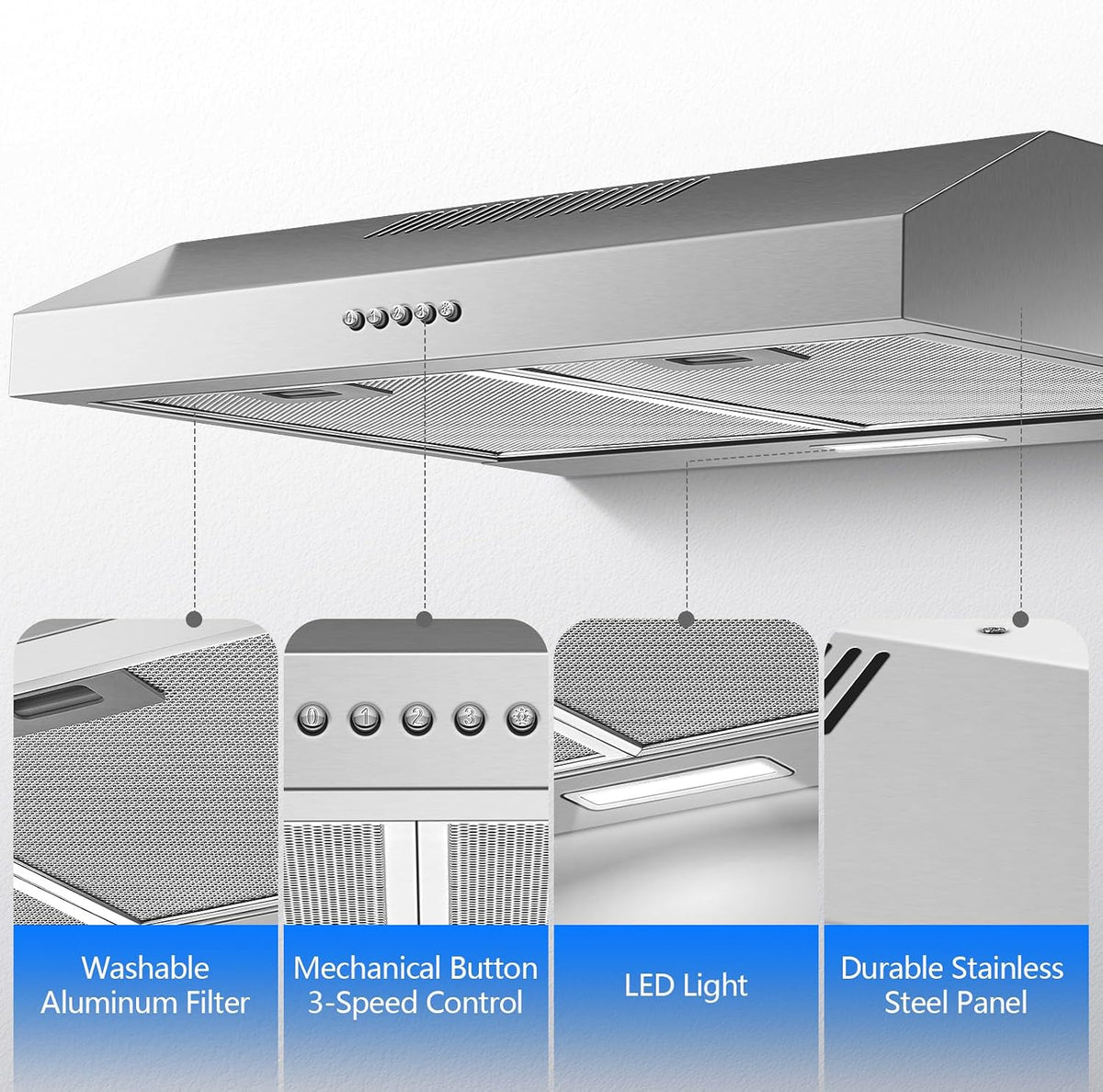 TopStrong 60cm Under Cabinet Cooker Hood, 250m³/h Slim Kitchen Extractor Fan, 3 Speed, A+ Energy Rating, LED Light, 430 Stainless Steel, Recirculating & Ducted Extractor Hood