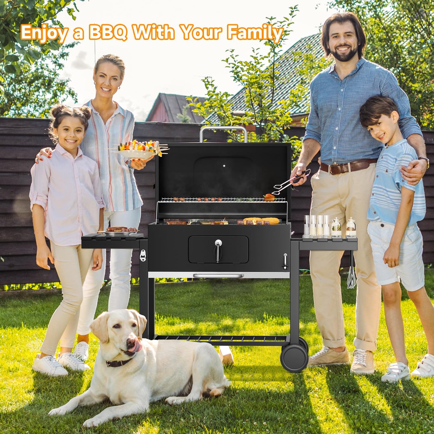 XXXL Smoker Charcoal BBQ, Portable Barbecue Grill with Wheel & 2 Folding Table, Thermometer & Adjustable Charcoal Pan, Large Outdoor BBQ Grill Smoker for Patio Home Garden Cooking