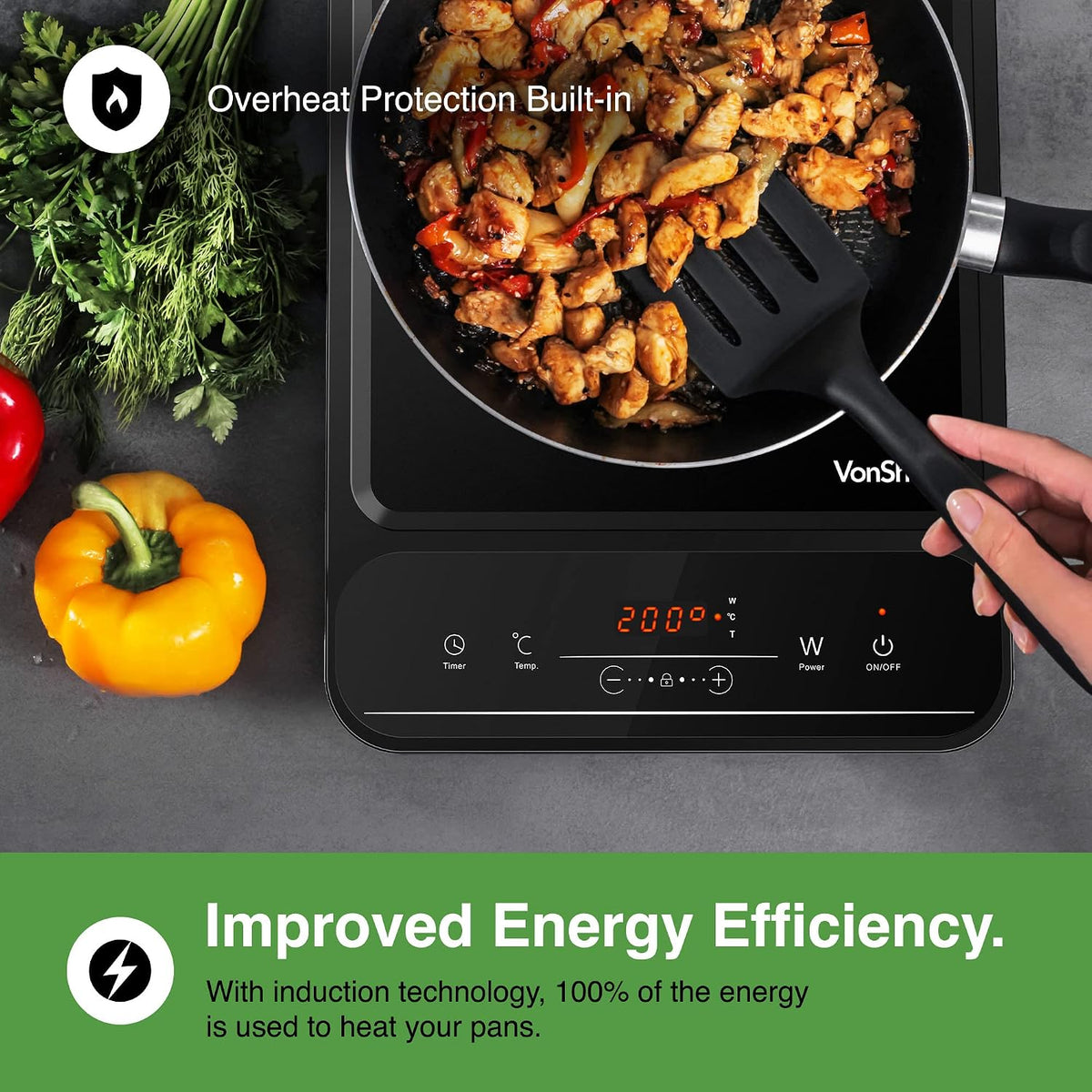 VonShef Single Induction Hob – 2000W Portable Induction Cooker w/LED Touch Display, 3 Hour Timer, 10 Heat Settings 60-240°C, Safety Lock - Black