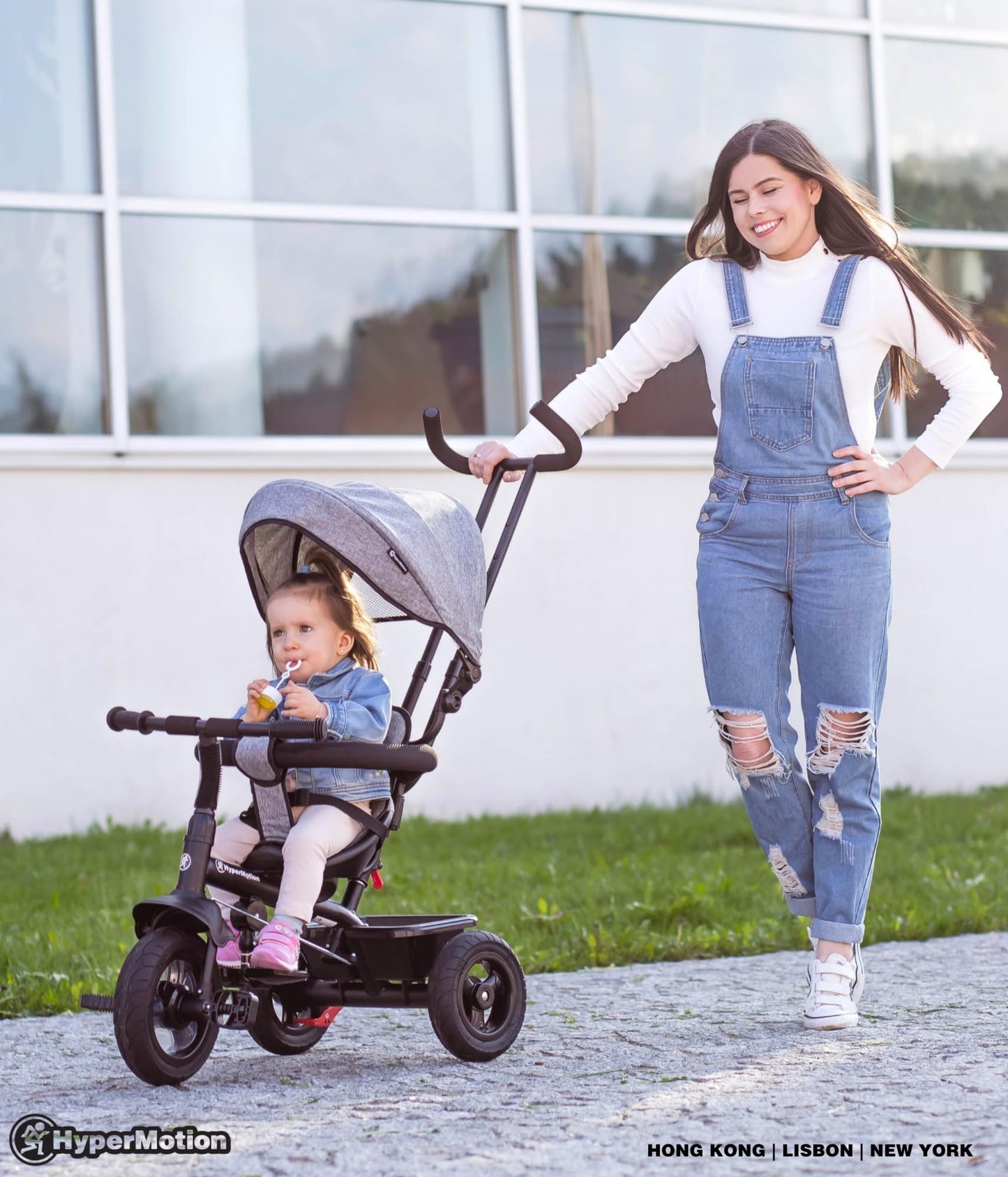 HyperMotion Toddler Tricycle with Parent Handle, Canopy, Safety Belt & Basket — From 12 Months