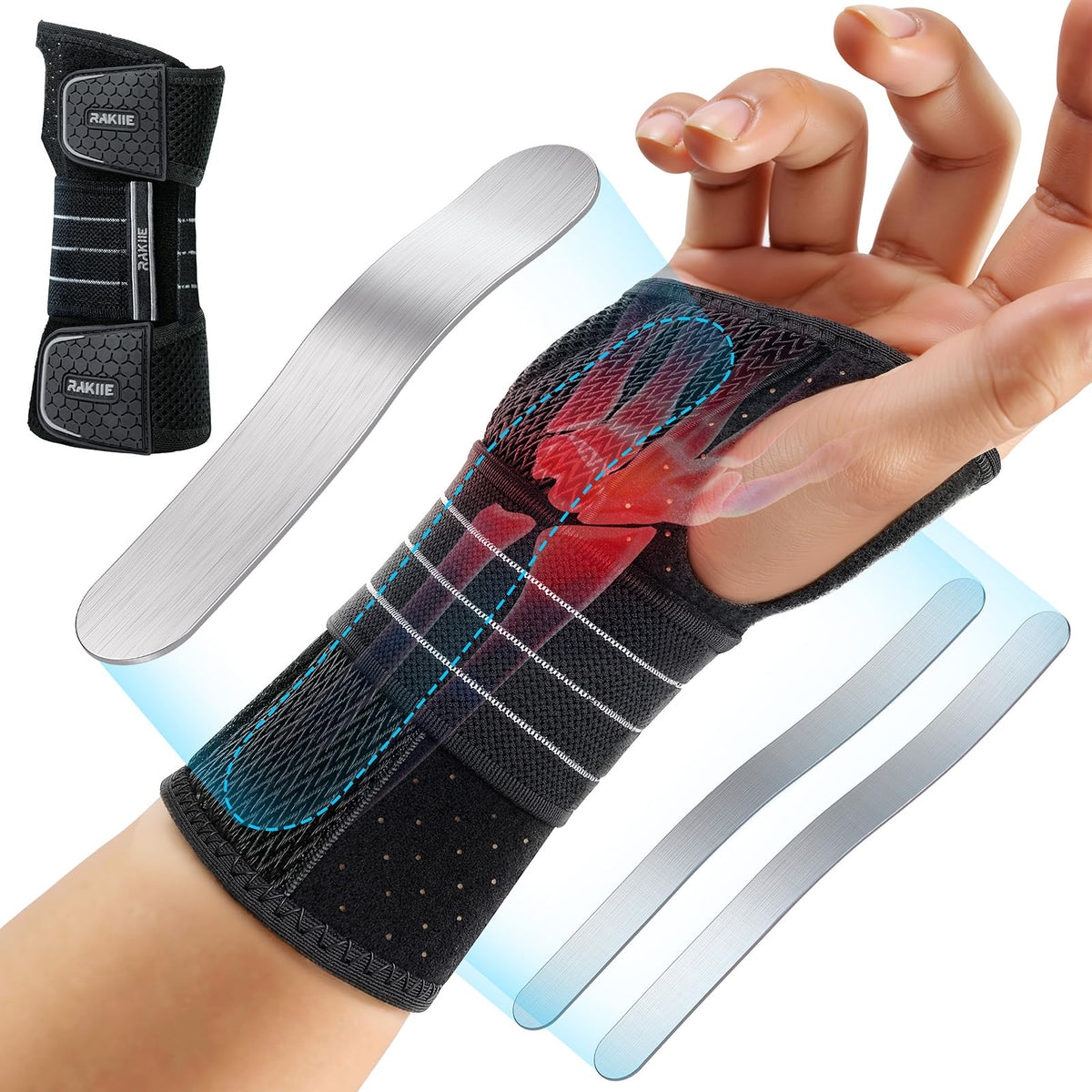 Rakiie Breathable Wrist Support Brace with 3 Metal Splints