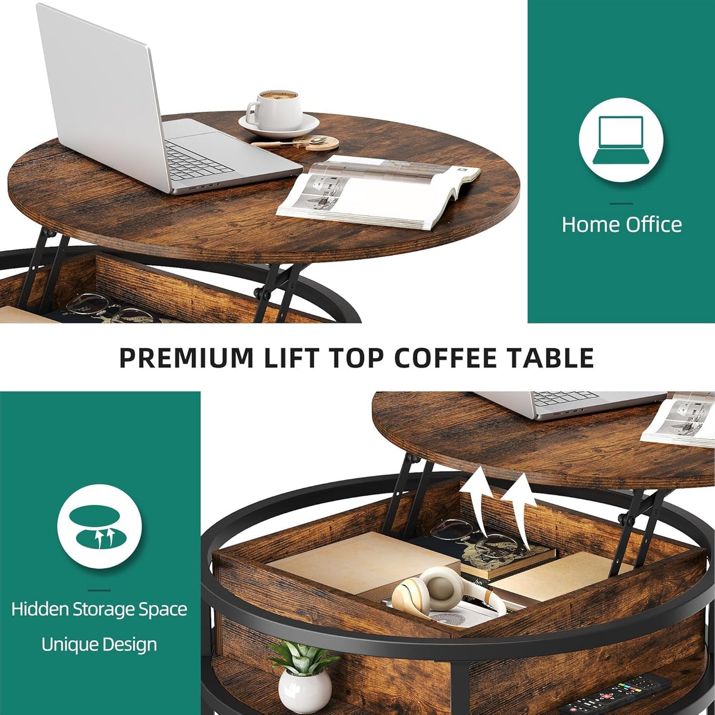 YITAHOME Coffee Table with Lift Top, lift up Coffee Table Round with Hidden Storage Compartment, 60x60x47cm