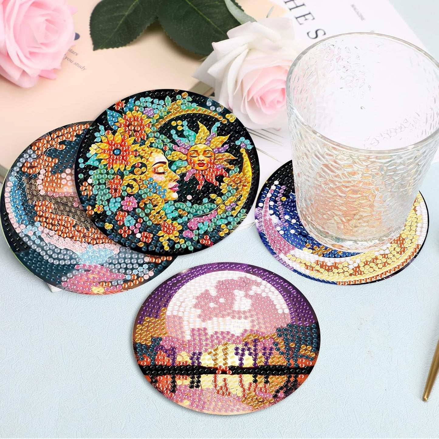 8 Pcs Flowers Diamond Art Coasters Kits for Adults Begainners,Full Drill Diamond Painting Coasters Kit with Holder,DIY Gem Painting Craft Kits for Adults Supplies Gift (Flowers).