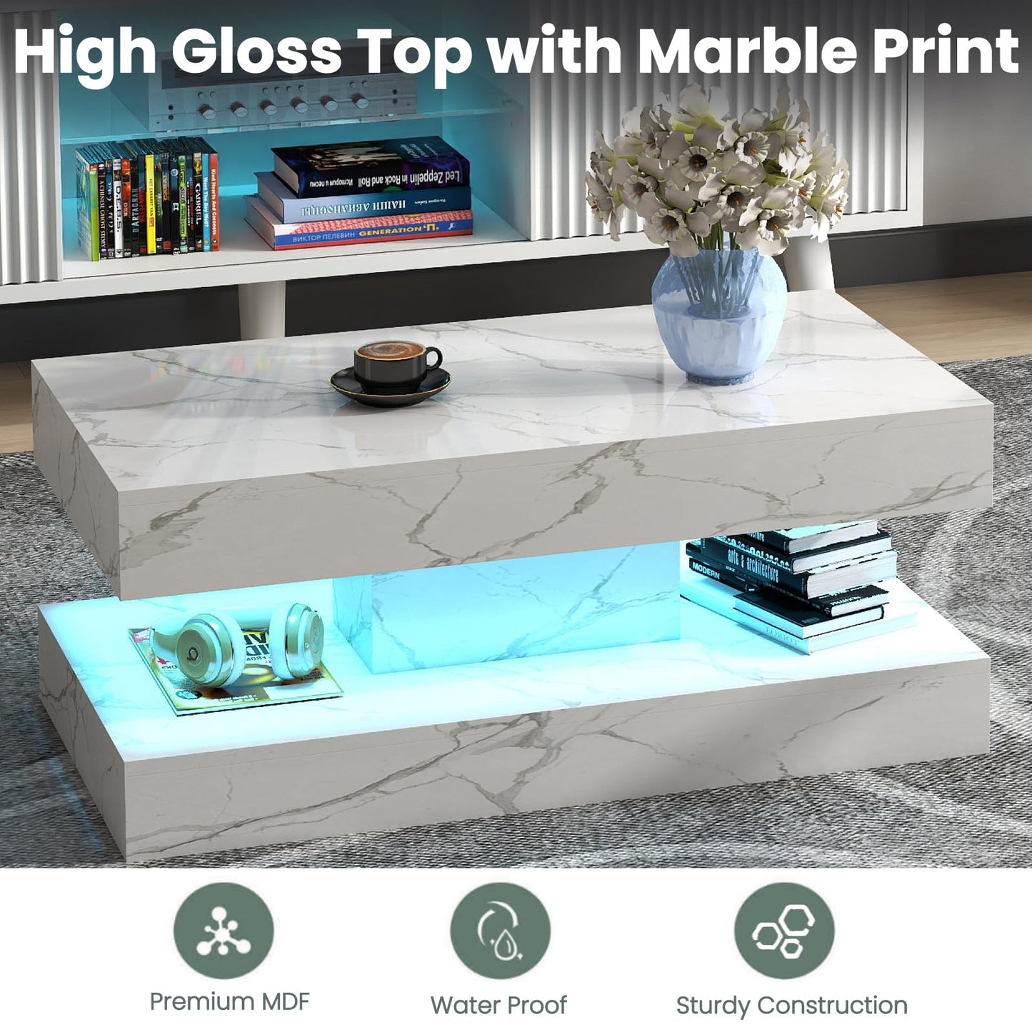 COSVALVE White Marble Coffee Table for Living Room with 24 Colors LED Light, 2 Tier High Gloss Modern Centre Table Rectangle Tea Table for Home, Office Furniture