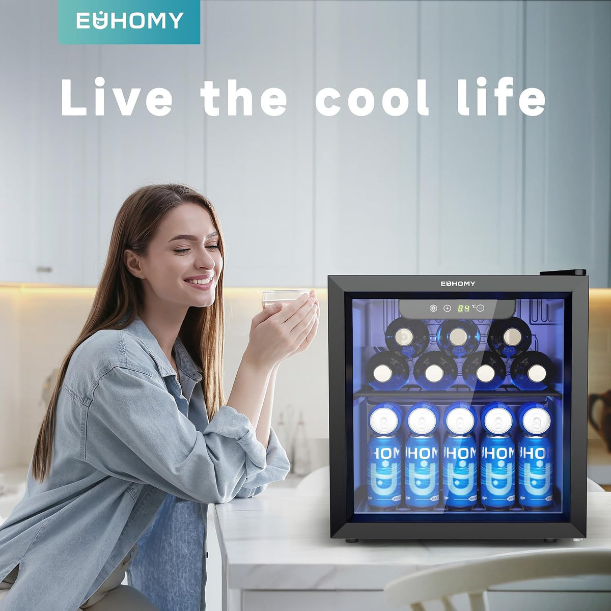 EUHOMY Beer Fridge with Glass Door, Mini Drinks Fridge 55 Can, Wine Fridge with Blue LED, Beverage Refrigerators, Removable Shelves for Bar/Home/Office/Dorm, Black, 36 L [Energy Class G]