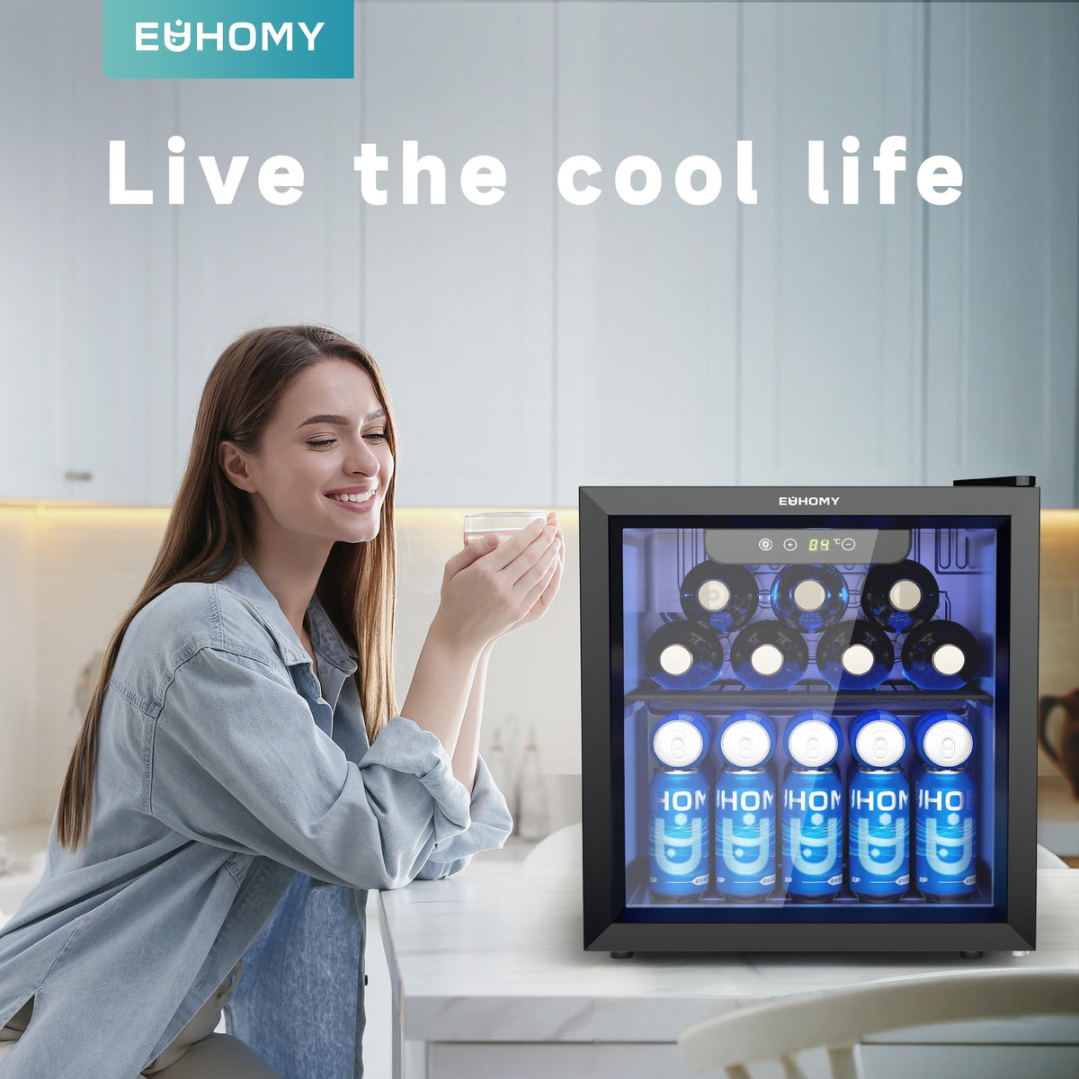 EUHOMY 93L Drinks Fridge, 126 Can Beer Fridge with Glass Door, Wine fridge with Adjustable Shelves for Soda Beer or Wine, Home/Bar/Office, Black, Steel, One-Touch Control [Energy Class F]