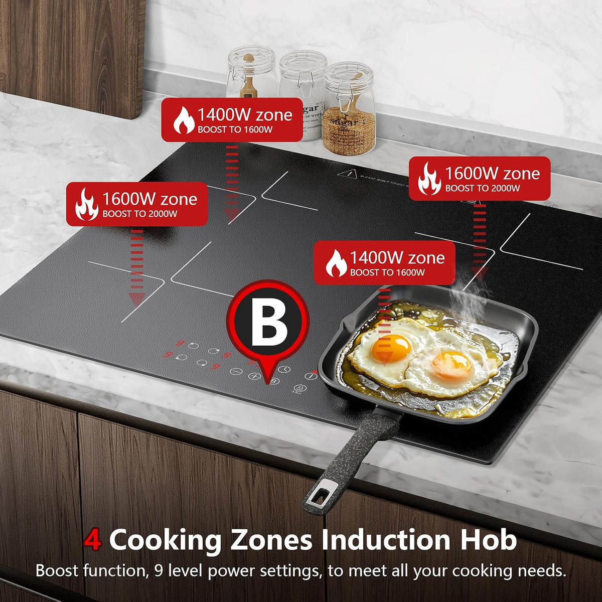 Induction Hob 4 Zones, Built-in Induction Hob 60 cm with Booster, 4 Burner Cooker, Touch Control, 9 Power Levels, 1-99 Min Timer, Child Lock, Heat Indicator, No Plug