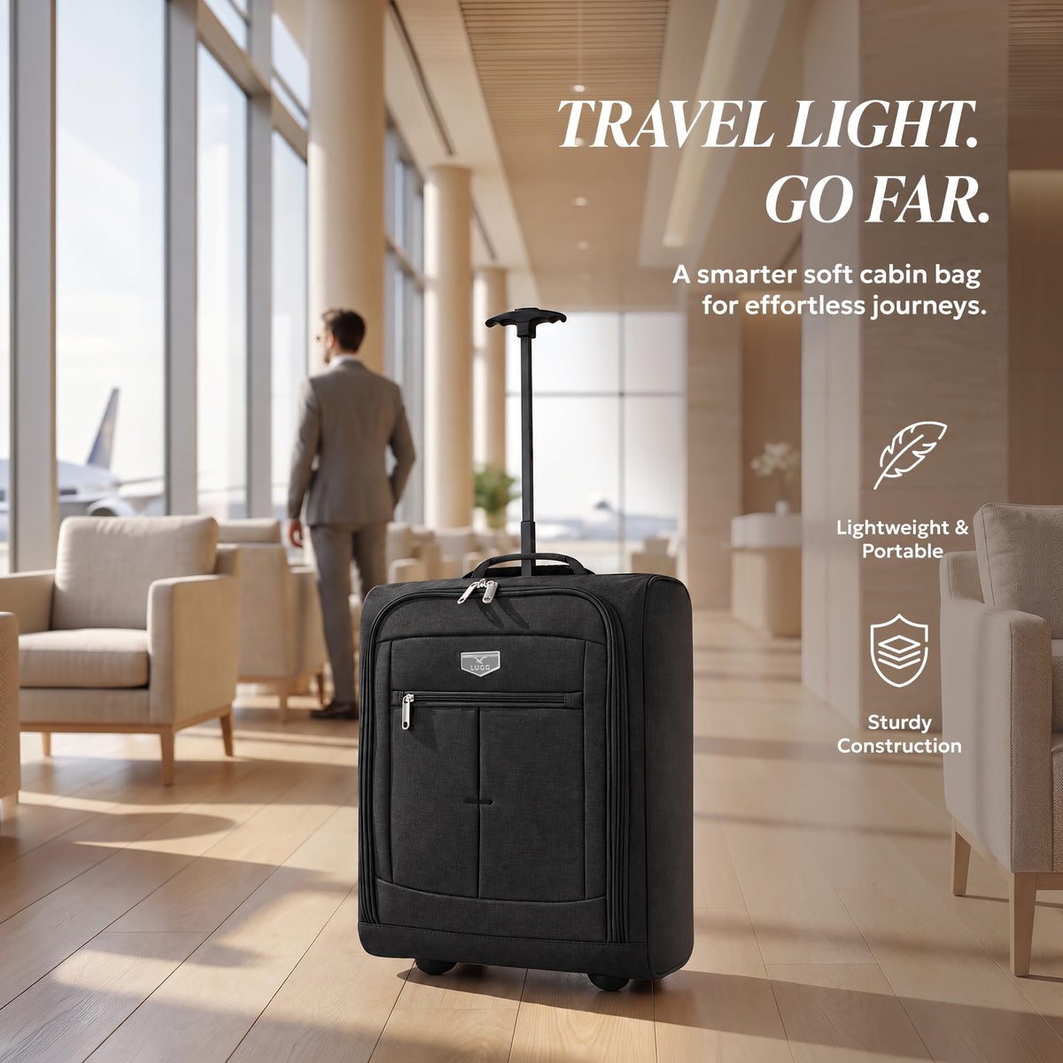 LUGG Lightweight Cabin Luggage, 600D Polyester, Solid Wheels, 45x36x20cm