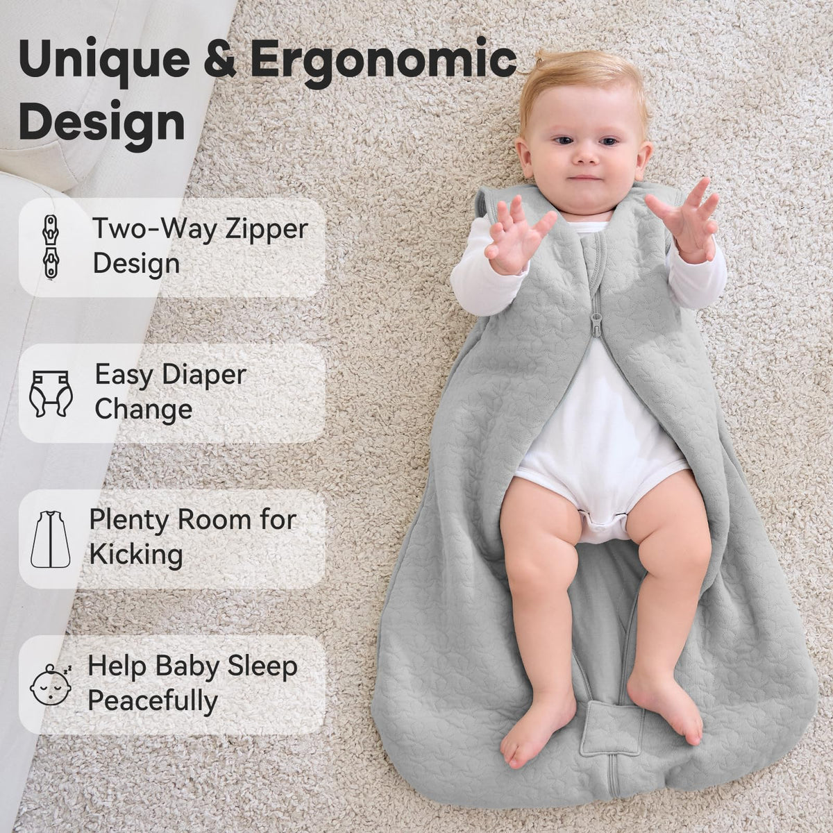 Unnivoll Baby Sleeping Bag 2.5 Tog 0-6 Months 100% Cotton Winter Sleeping Bag Baby 2-Way Zipper Quilted Sleep Sack for Newbron Infant Warm Soft Apricot