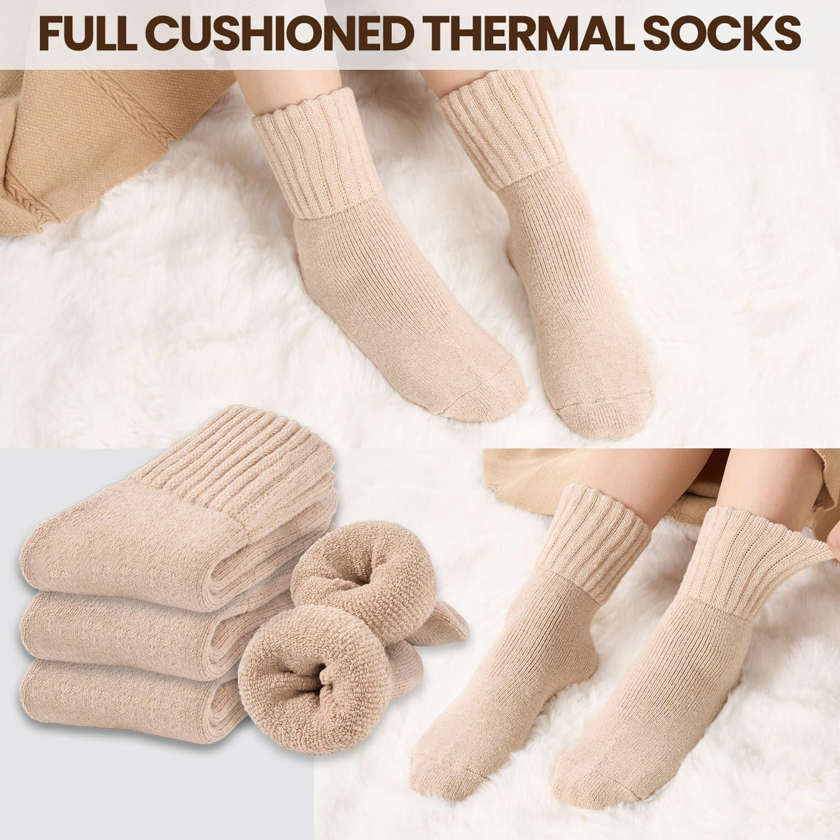 Niorasen Women's Thermal Socks, 3 Pairs Full Cushioned, Cosy Gift Winter
