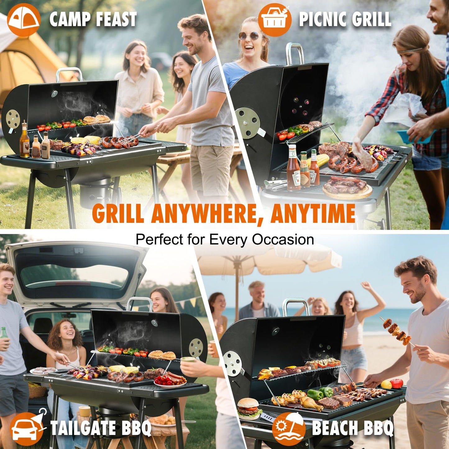 Charcoal BBQ Grill With Offset Smoker: Large Oil Drum Barbecue Barrel Grill For Outdoor Garden