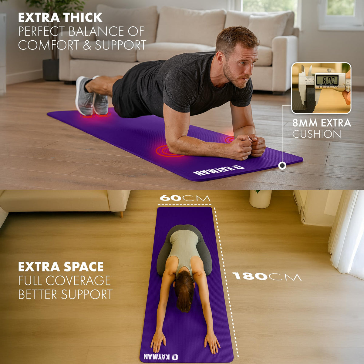 KAYMAN Yoga Mat - Non-Slip Extra Thick 8mm NBR Foam, Exercise Mat, 180x60cm