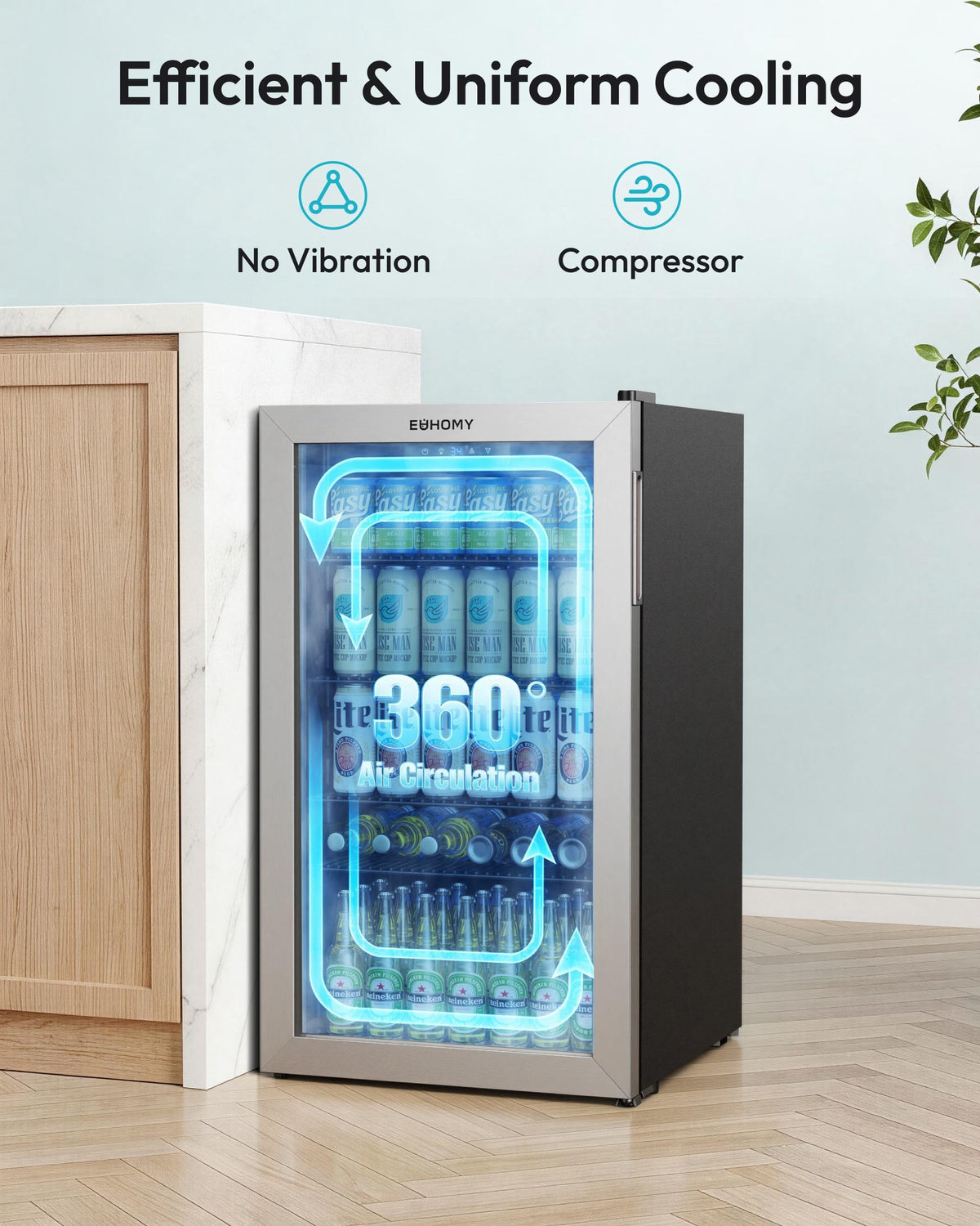 EUHOMY 93L Drinks Fridge, 126 Can Beer Fridge with Glass Door, Wine fridge with Adjustable Shelves for Soda Beer or Wine, Home/Bar/Office, Black, Steel, One-Touch Control [Energy Class F]