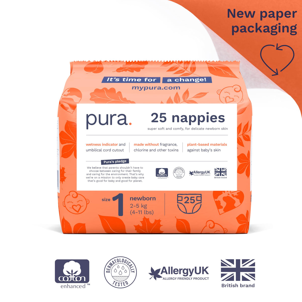 Pura Nappy Size 1 (2–5kg) 25 Count Sensitive Skin