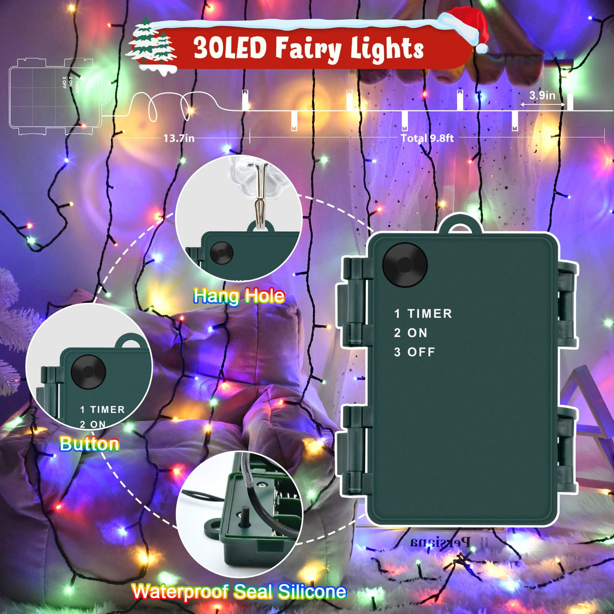 Gcstnn Battery Fairy Lights, 3M/9.8Ft 30LED Battery Powered Fairy Lights Indoor Outdoor with 6h Timer Waterproof String Lights On Green Cable,for Bedroom Christmas Tree Decorations,Garden-Cool White