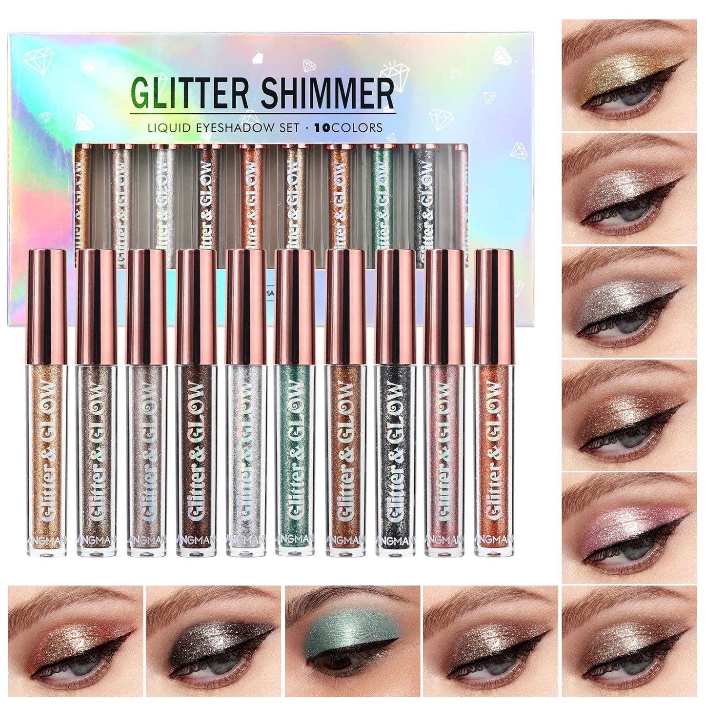 LANGMANNI 10 Pcs Liquid Glitter Eyeshadow Metallic Shimmer Sweatproof Makeup Set, Matte Pressed All Highly Pigmented Blending Powder, Perfect For Every Woman & Girl (#B), Pack of 1