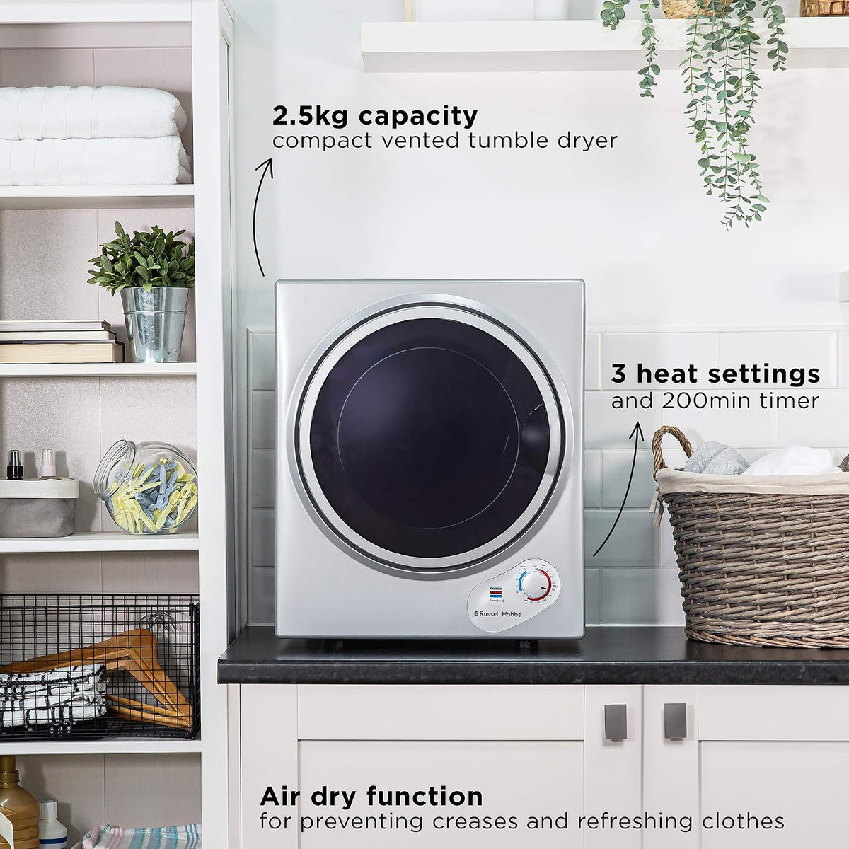 Russell Hobbs RH3VTD800 White 2.5kg Compact Mini Vented Tumble Dryer, Portable, Freestanding Table top Dryer with 3 Heat Settings small