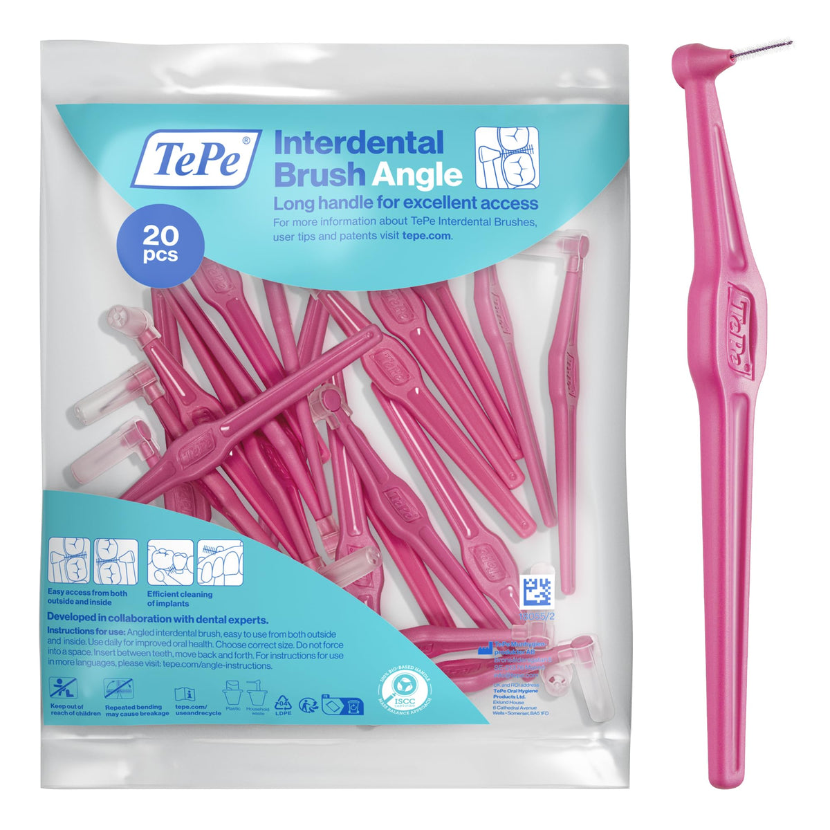 TePe Interdental Brush Angle, Pink, 0.4mm/ISO 0, 6pcs, Carton Pack