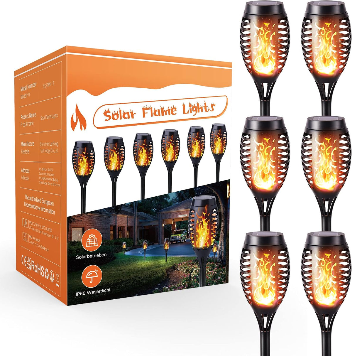 Geemoo 6 Pack Solar Flickering Dancing Flame Lights Waterproof Solar Torch Lights for Outdoor Garden Patio Pathway Yard Driveway Decorative, Warm White