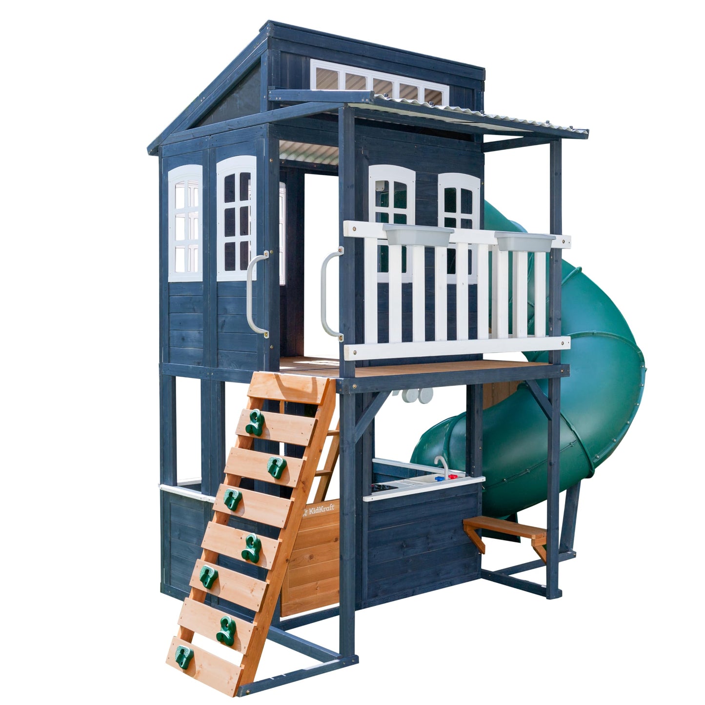 KidKraft Wooden Playhouse with Tube Slide – 2 Storey Outdoor Playground for Kids, Climbing Frame with Turbo Tube Slide & Rock Wall, Garden Play Tower