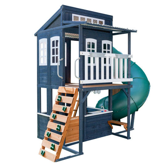 KidKraft Wooden Playhouse with Tube Slide – 2 Storey Outdoor Playground for Kids, Climbing Frame with Turbo Tube Slide & Rock Wall, Garden Play Tower