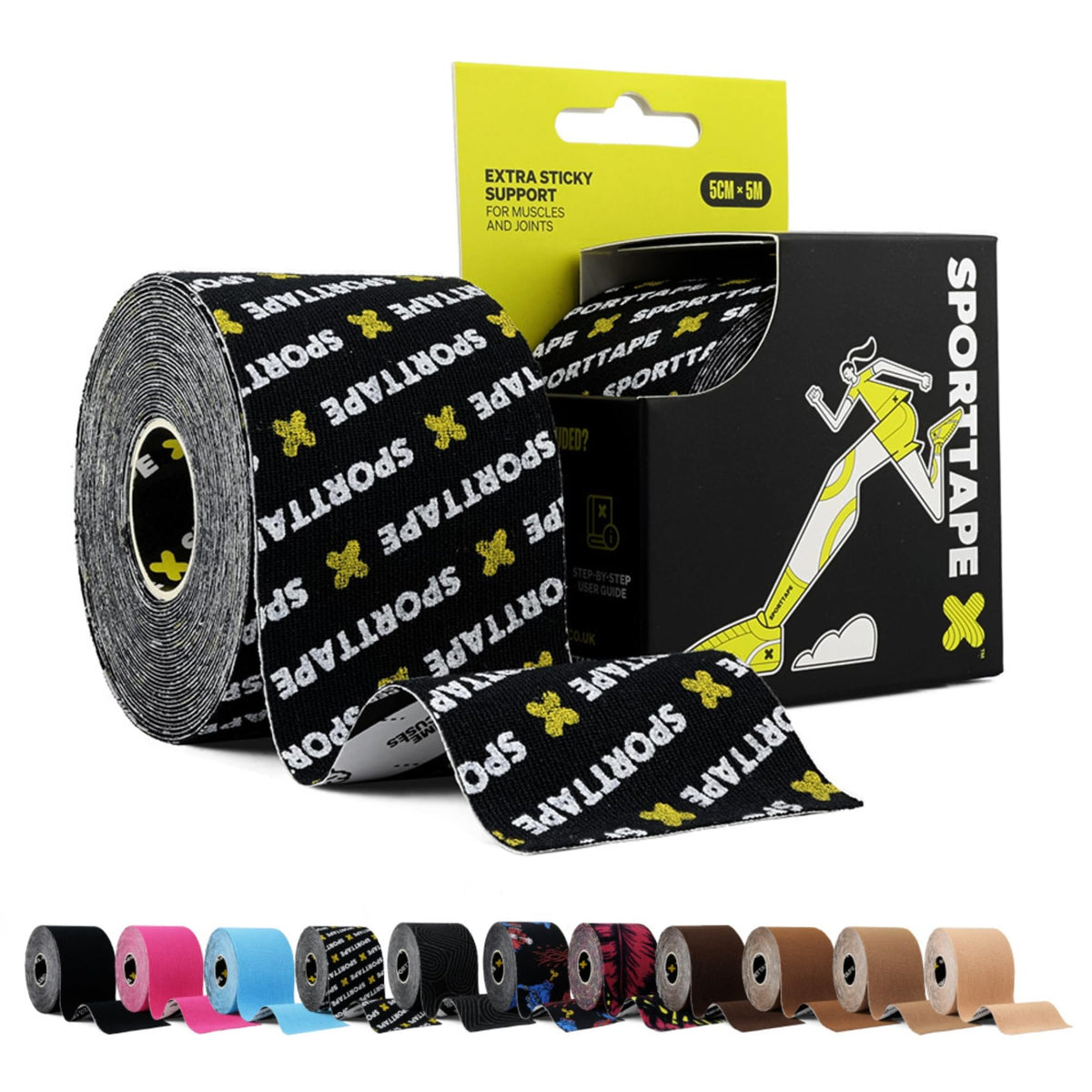 SPORTTAPE Kinesiology Tape, 5cm x 5m, Black - Waterproof, Hypoallergenic