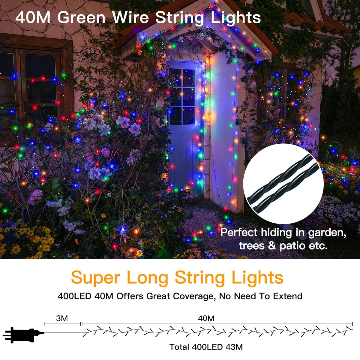 Ollny Smart Outdoor Fairy Lights, 20m 200 LEDs, RGB+W, App Control