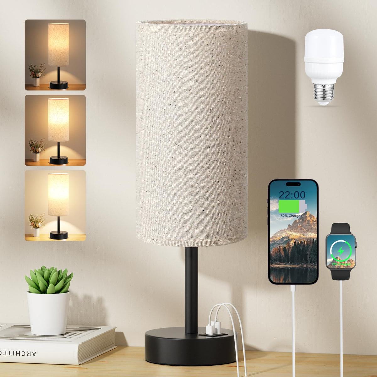 Aooshine Grey Table Lamp, 3-Way Dimmable, USB A + C Charging
