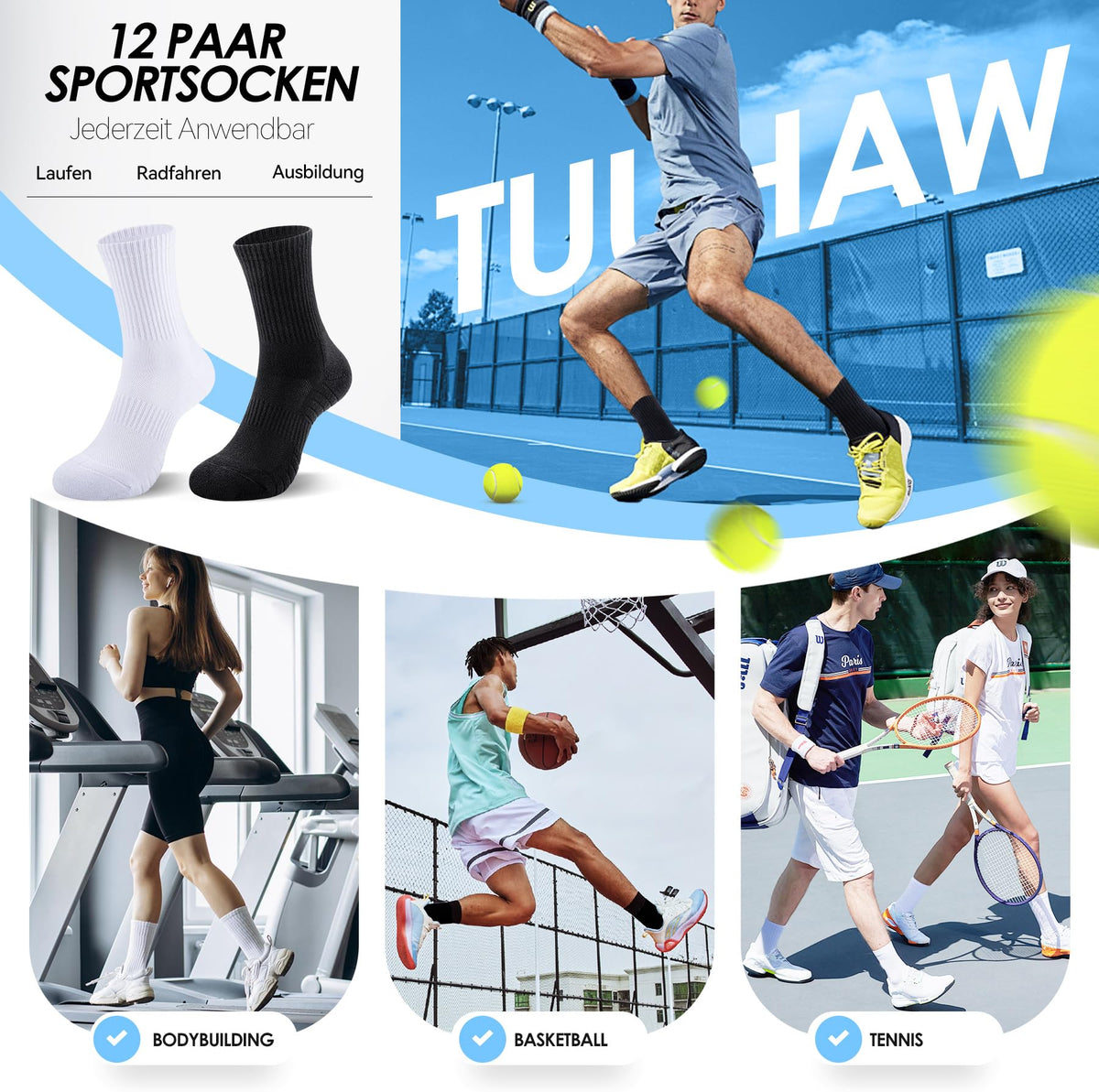 6/12 Pairs Cushioned Sports Socks for Men Women Cotton Crew Socks