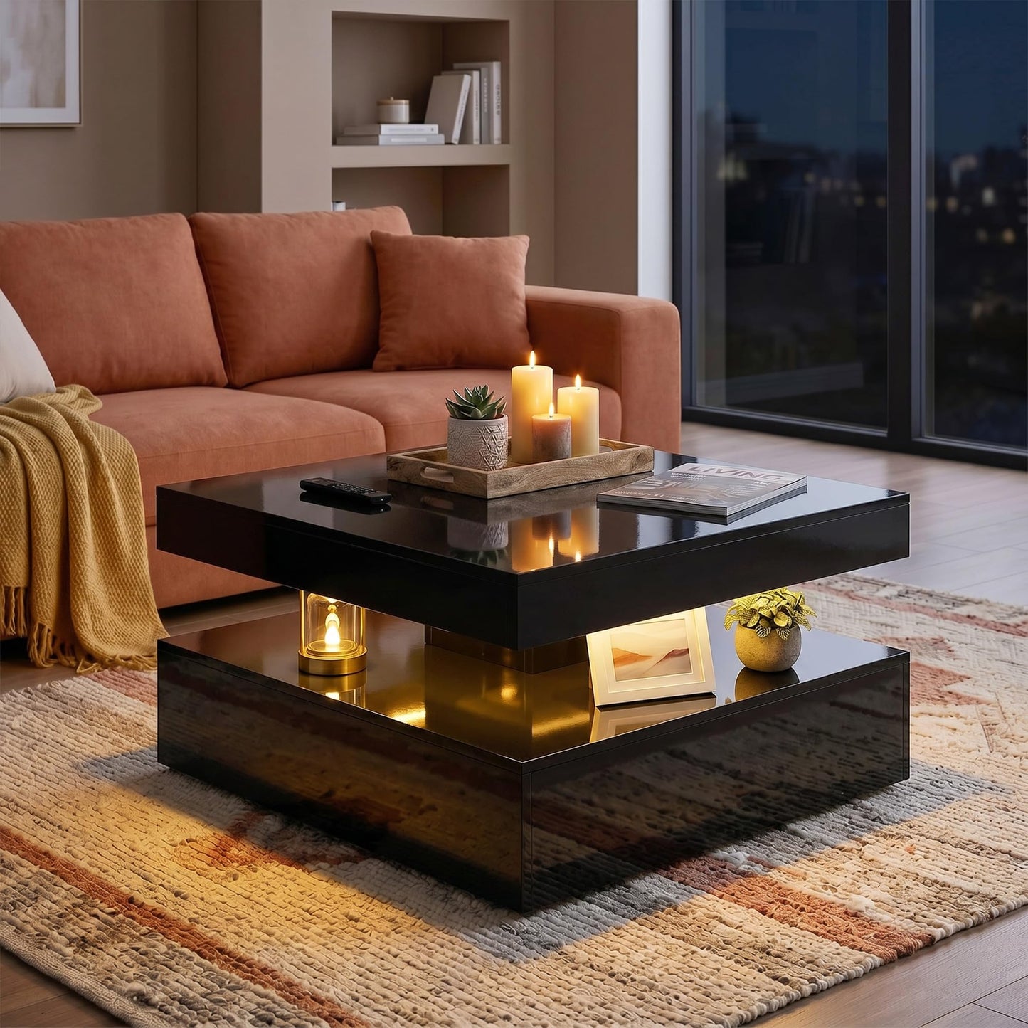 HOMCOM LED Coffee Table with Storage, 2-Tier Modern Centre Table with Open Shelf and Remote for Living Room, High Gloss White