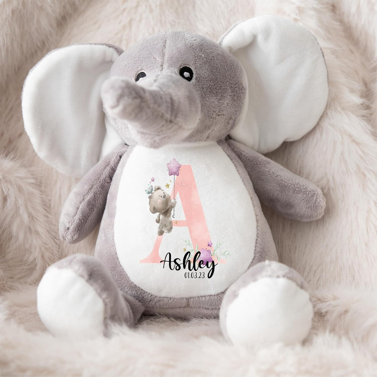 Crafted Memories - Personalised Teddy | Velveteen Bunny Soft Toy | Customisable Name for Newborns | Keepsake for Boys & Girls | Baby Shower Item | Pink Initial | Grey or White, 20-23cm
