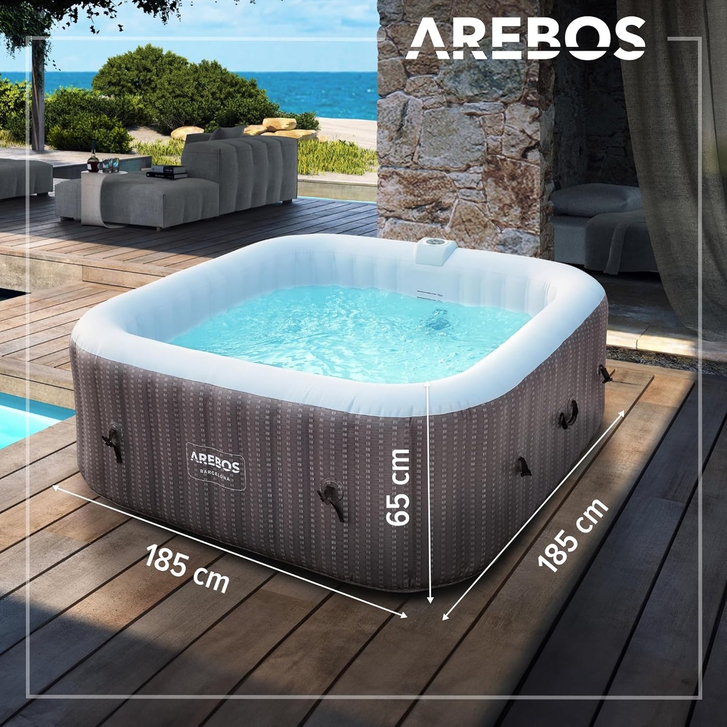 Arebos Spa Whirlpool 2400W | Indoor/outdoor pool | for 6 people, 185x185cm | 130 massage jets | 910 L with heating | Inflates at the touch of a button | Includes cover | Bubble spa & wellness massage