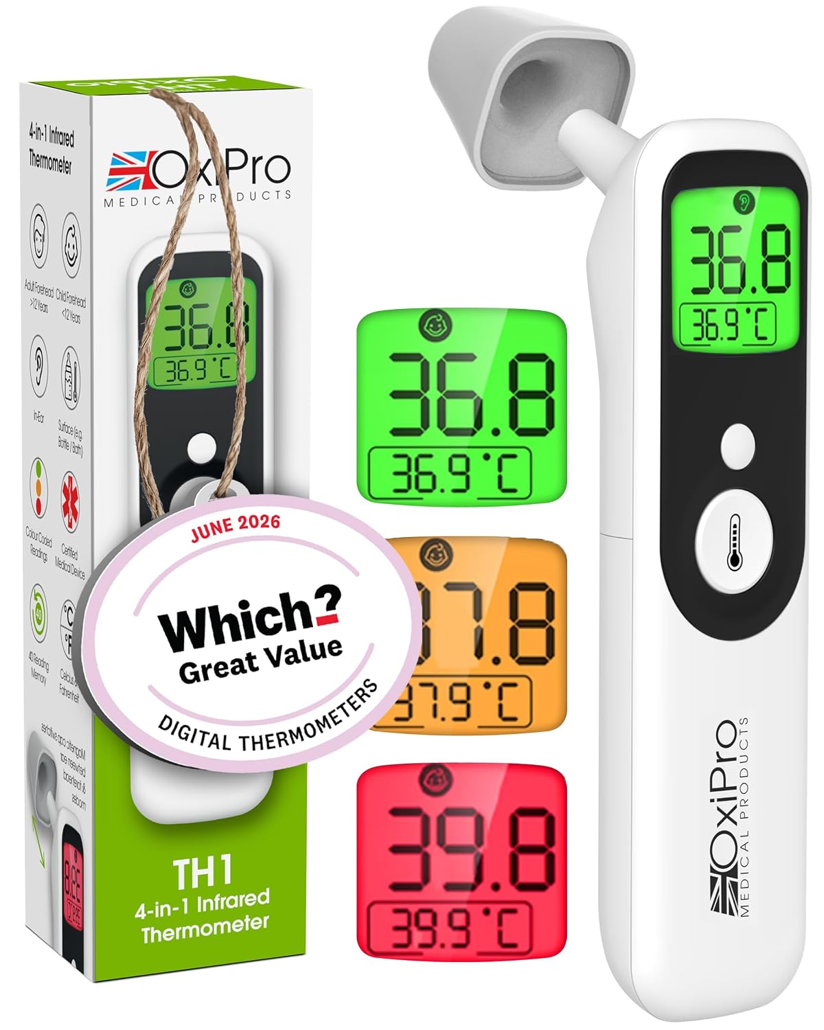 OxiPro TH1 Thermometer - Which? and Health & Pharma Award Winner 2026 - In-Ear, Forehead, Non-Touch & Baby Modes - Infrared Thermometer for Newborn, Baby, Kids, Children & Adult Temperature