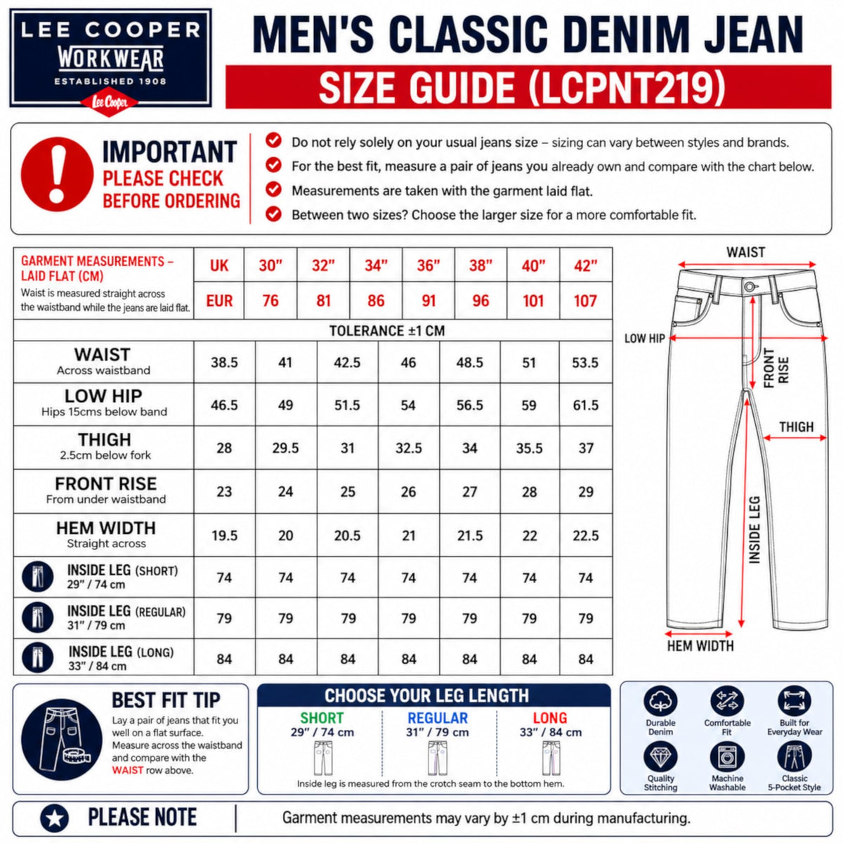 Lee Cooper Men's Jeans Classic Regular Fit with 5 Pockets Design Zip Fly & Belt Loop Heavy Duty Denim Wash Stretch Plain Casual Workwear Durable Utility Straight Leg Work Pants (Black/Navy)