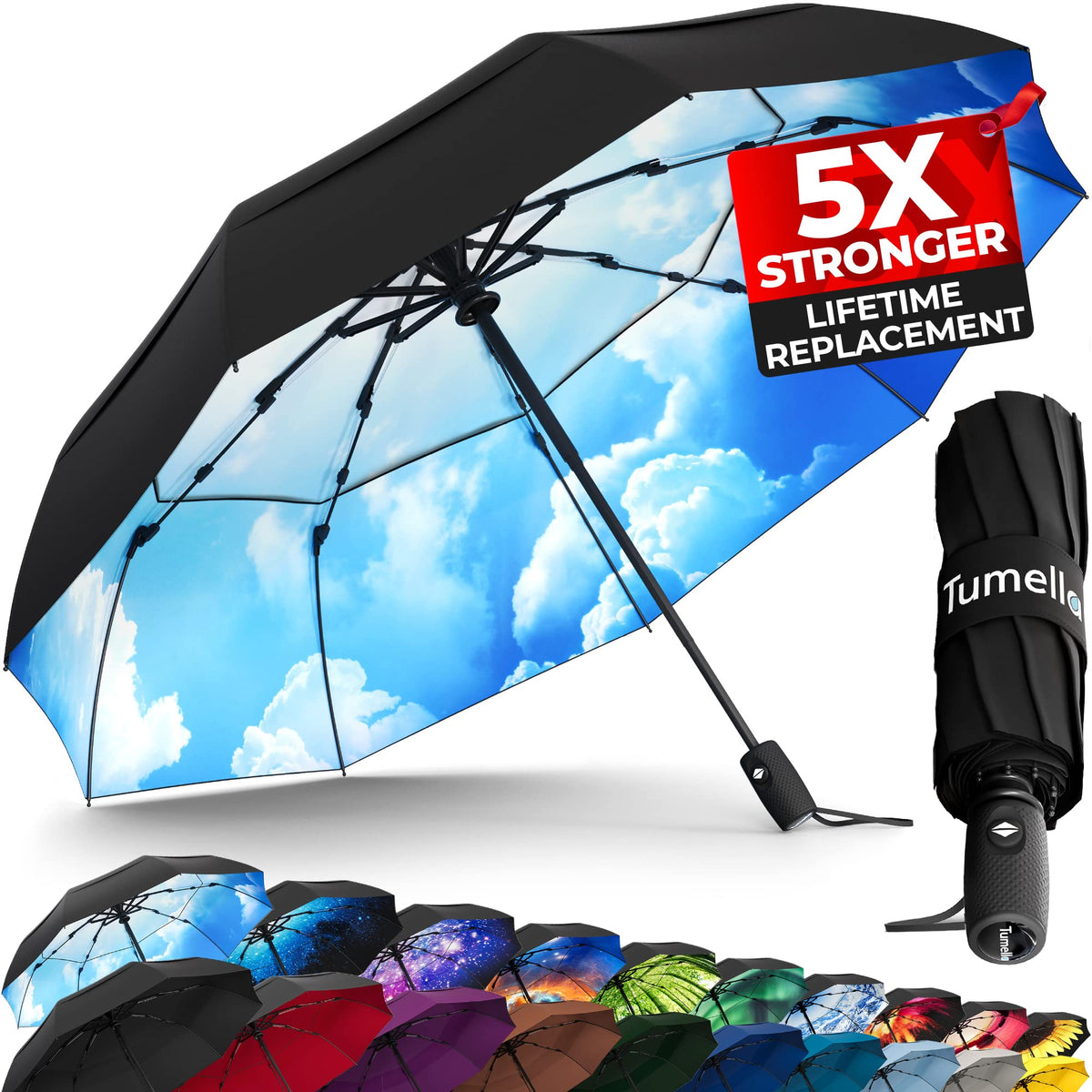 TUMELLA Strongest Windproof Travel Umbrella (Compact, 100MPH Wind-Tested)