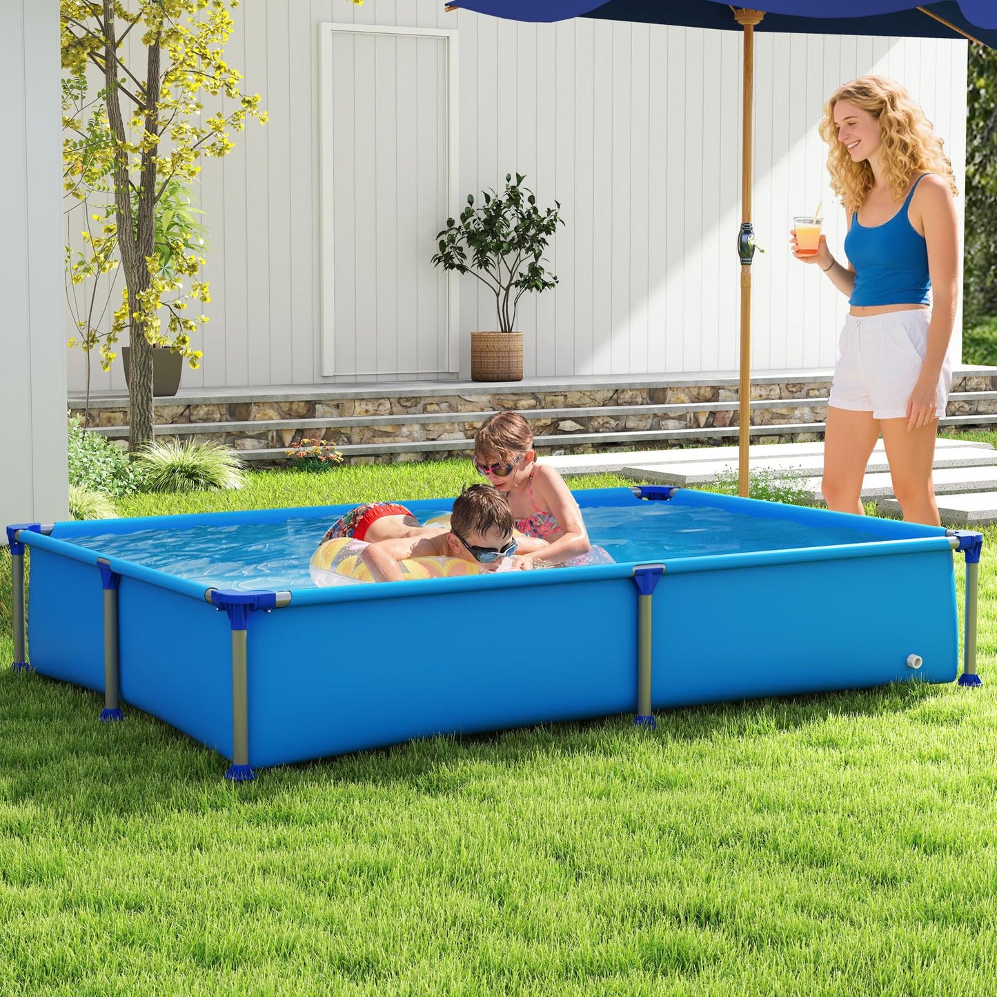 COSTWAY Above Ground Swimming Pool, Outdoor Round/Rectangular Large Framed Pool Set, Metal Frame Garden Family Pools for Kids and Adults (Gray, 300 x 207 x 66 cm, Rectangular)