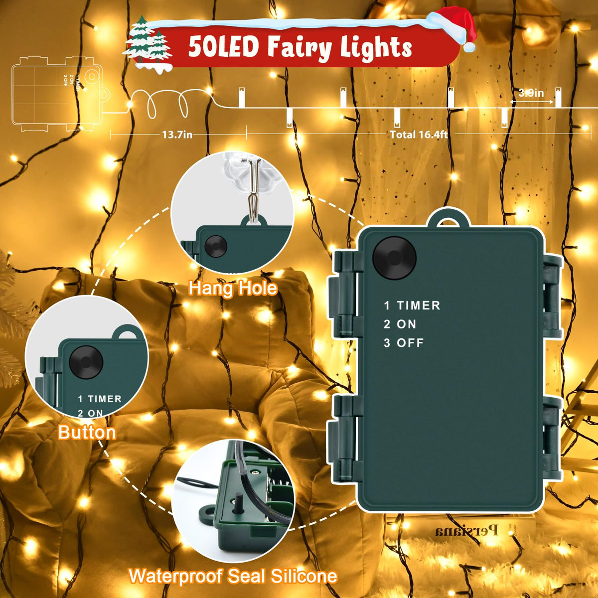 Gcstnn Battery Fairy Lights, 3M/9.8Ft 30LED Battery Powered Fairy Lights Indoor Outdoor with 6h Timer Waterproof String Lights On Green Cable,for Bedroom Christmas Tree Decorations,Garden-Cool White