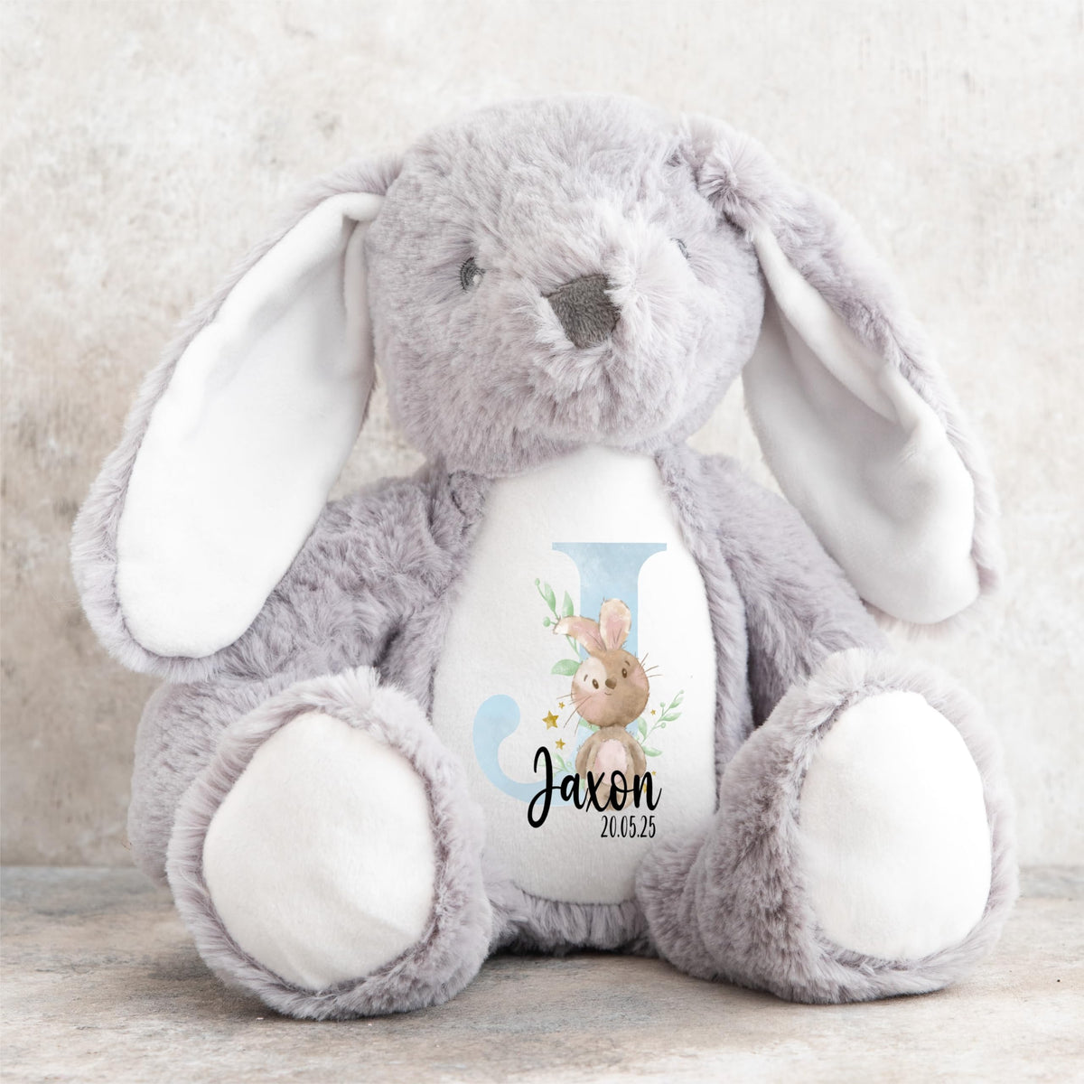 Crafted Memories - Personalised Teddy | Velveteen Bunny Soft Toy | Customisable Name for Newborns | Keepsake for Boys & Girls | Baby Shower Item | Pink Initial | Grey or White, 20-23cm
