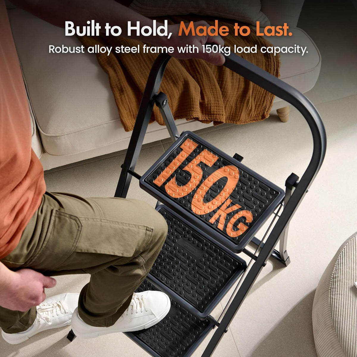 VonHaus 3 Step Ladder – Premium Quality Folding Step Ladder for DIY and Gardening - Anti Slip Feet, Easy to Store Ladder, 150KG Max Capacity - Durable Steel
