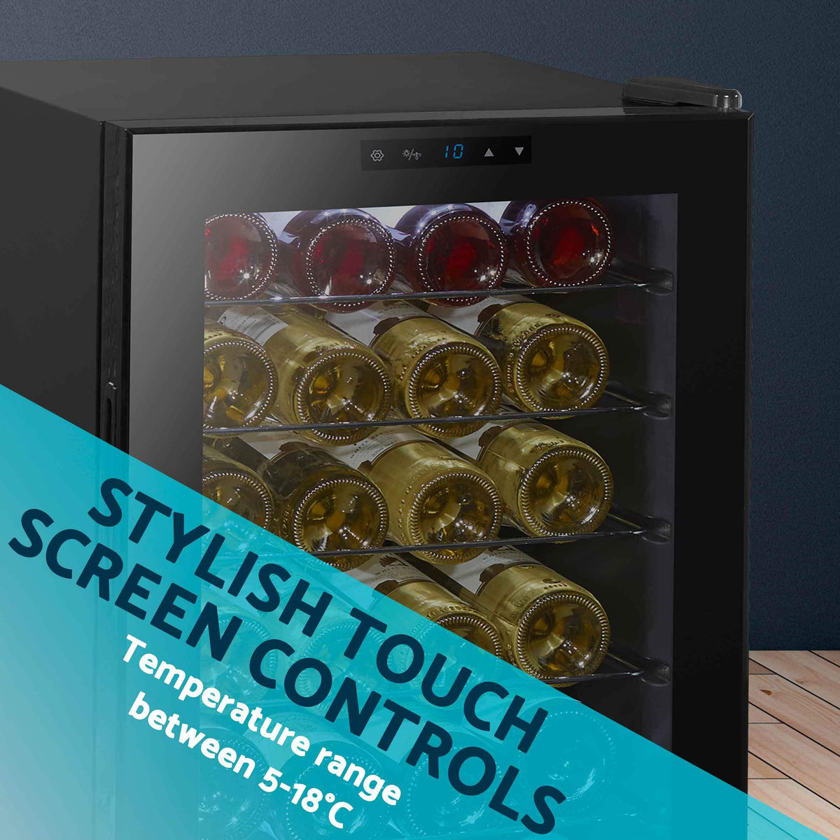Dellonda Baridi 12 Bottle Wine Fridge with Digital Touch Screen Controls, Metal Shelves & LED Light, Black - DH73