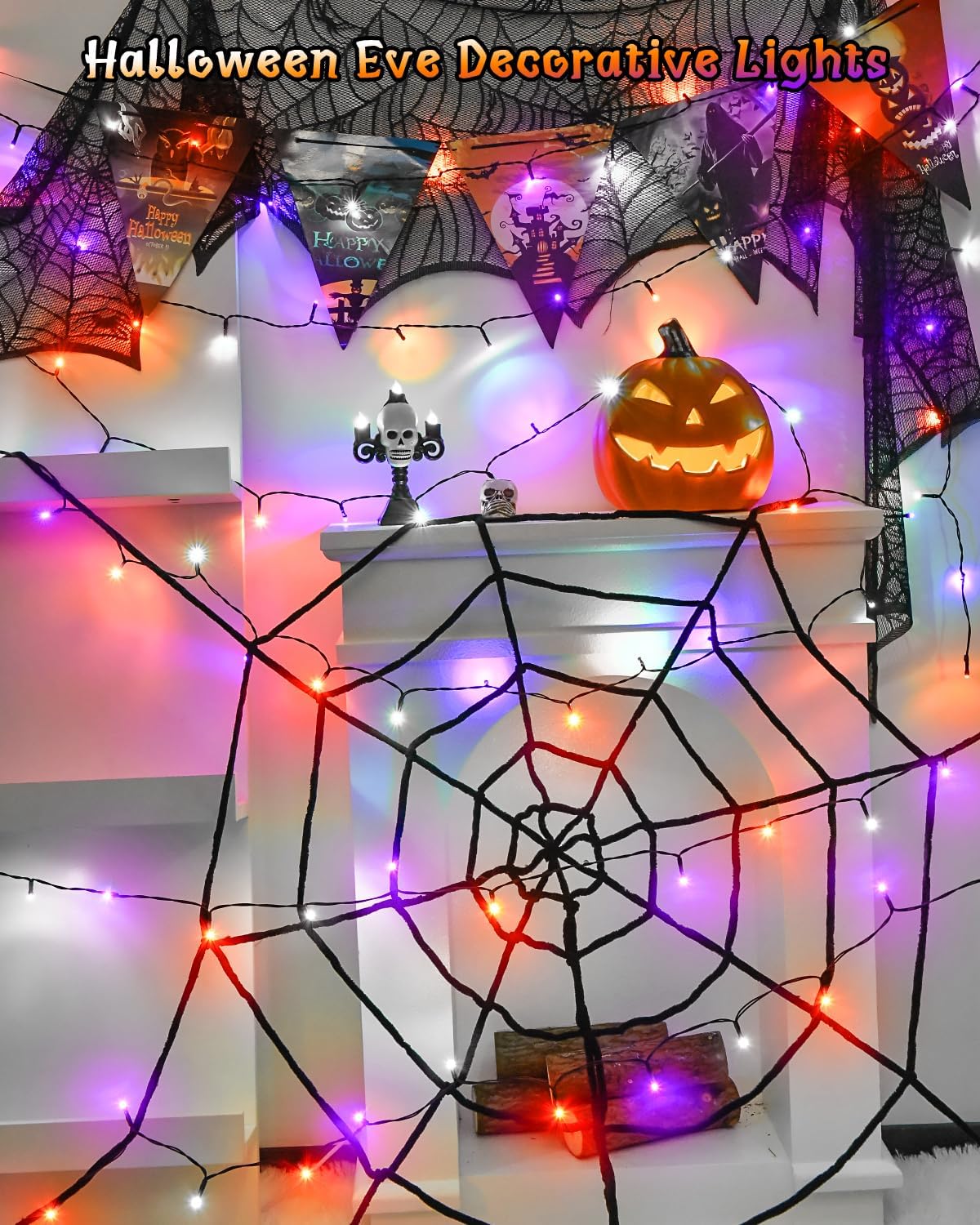 Dalugo Halloween Decoration Lights, 5M 50 LED Orange Purple White Fairy Lights with Timer, IP65 Waterproof Battery Powered Lights for Indoor Outdoor Autumn Halloween Decorations(Green Wire)