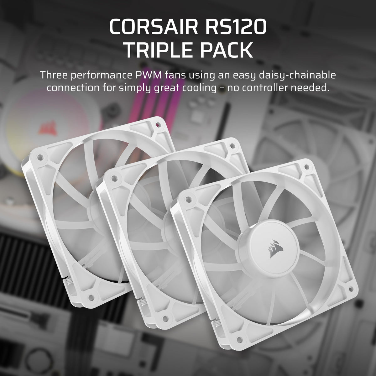 CORSAIR RS120 ARGB 120mm PWM Fans – Daisy-Chain Connection – Low-Noise – Magnetic Dome Bearing – Triple Pack – White