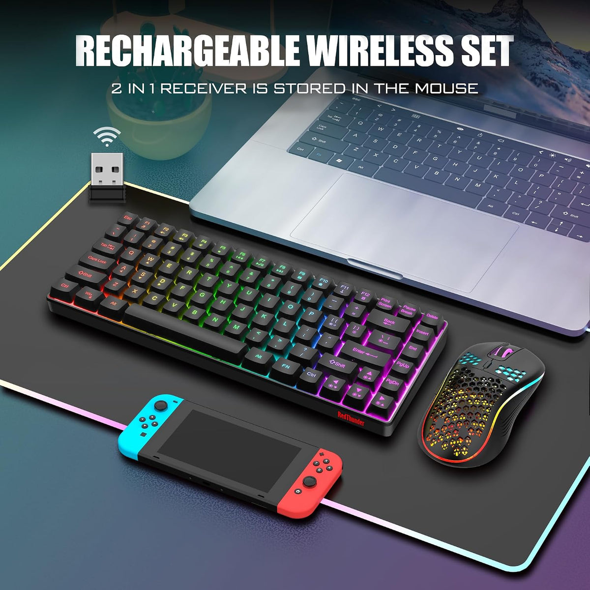RedThunder K84 75% Wireless Gaming Keyboard and Mouse Rainbow Backlight UK Layout 85 Keys TKL Ultra Compact Mini Design Lightweight Honeycomb Gaming Mouse for PC Mac PS5 Xbox Office Gamers