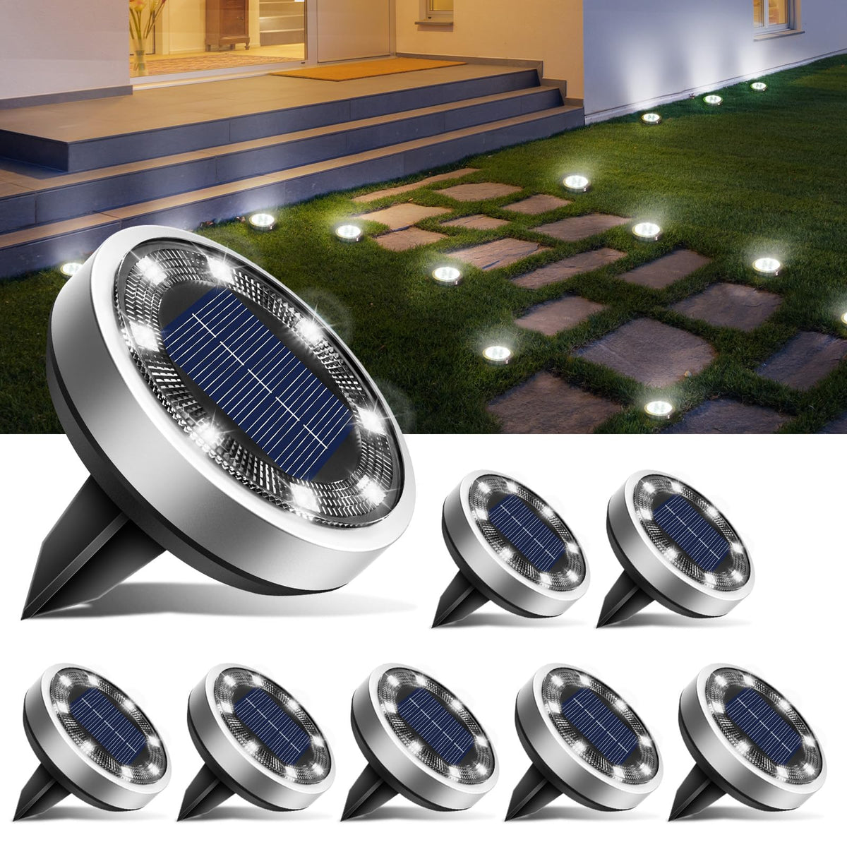 btfarm Solar Lights Outdoor Garden, 6 Pack 8 LED Solar Ground Disk Lights Outdoor IP65 Waterproof for Garden Pathway Lawn Patio Yard Landscape (Blue)