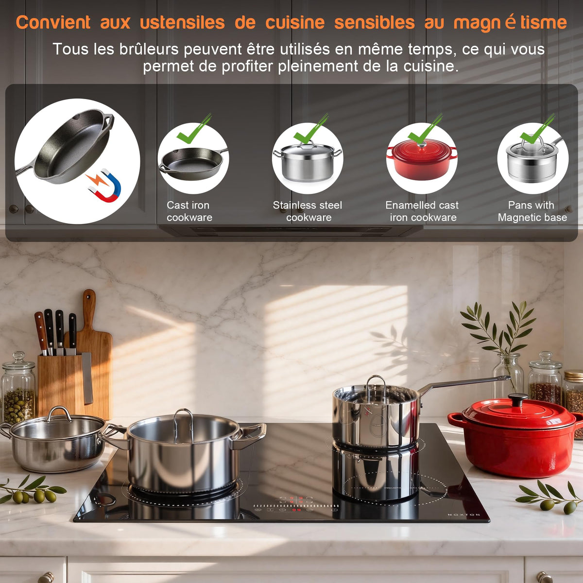 Noxton Plug in Induction Hob, 4 Zones Electric Hob 60cm, Touch Control with Child Safety Lock,UP to 99 Min Timer Black Crystal Glass