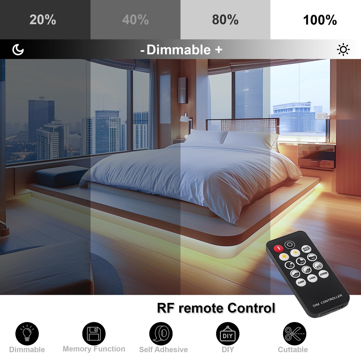 COB LED Strip 7.5m Warm White, 3000K, 24V, Remote Control, 8mm Wide