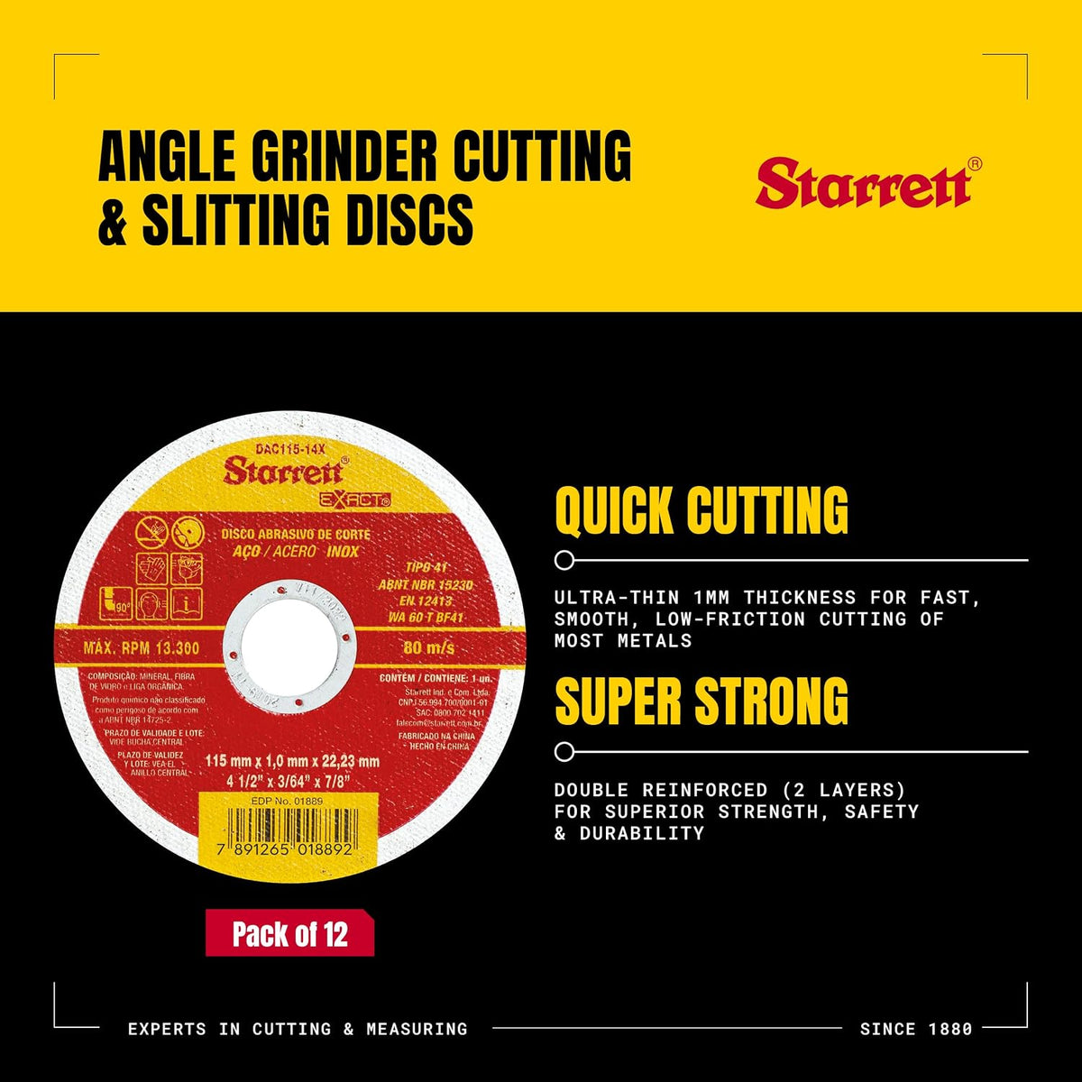 Starrett Angle Grinder Cutting & Slitting Discs - Pack of 12 - For Stainless Steel, Metals & Plastics - 115 x 1mm with 22.23mm Bore - 4.5" Cut-Off Wheel