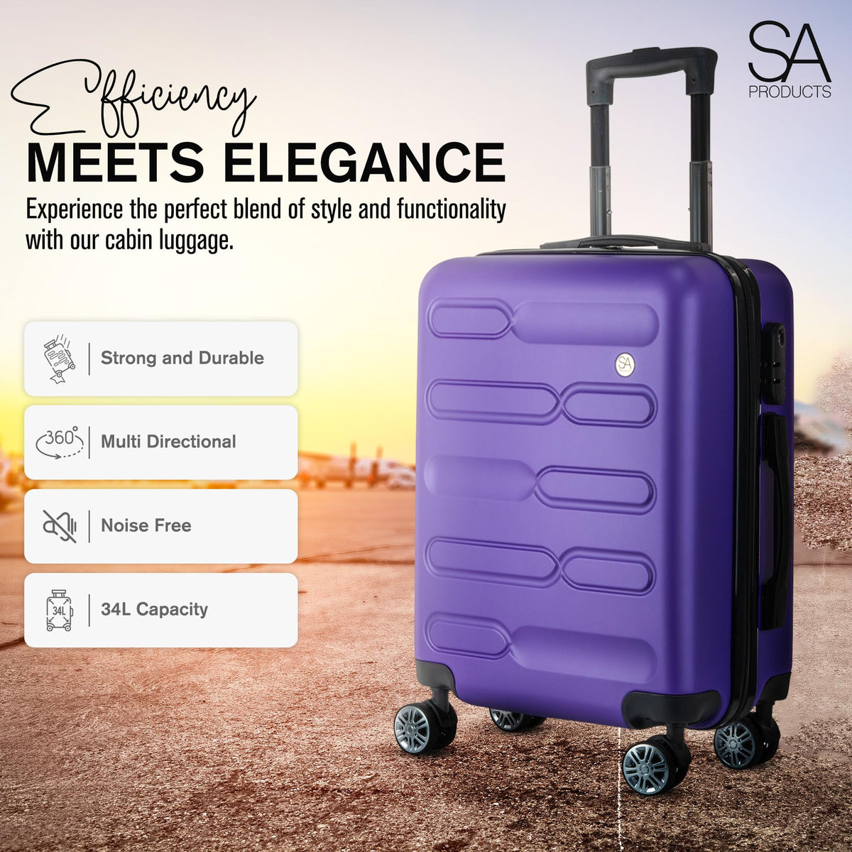 SA Products Cabin Suitcase - 34L Carry On Hard Shell Bag - 55x40x20 - Grey