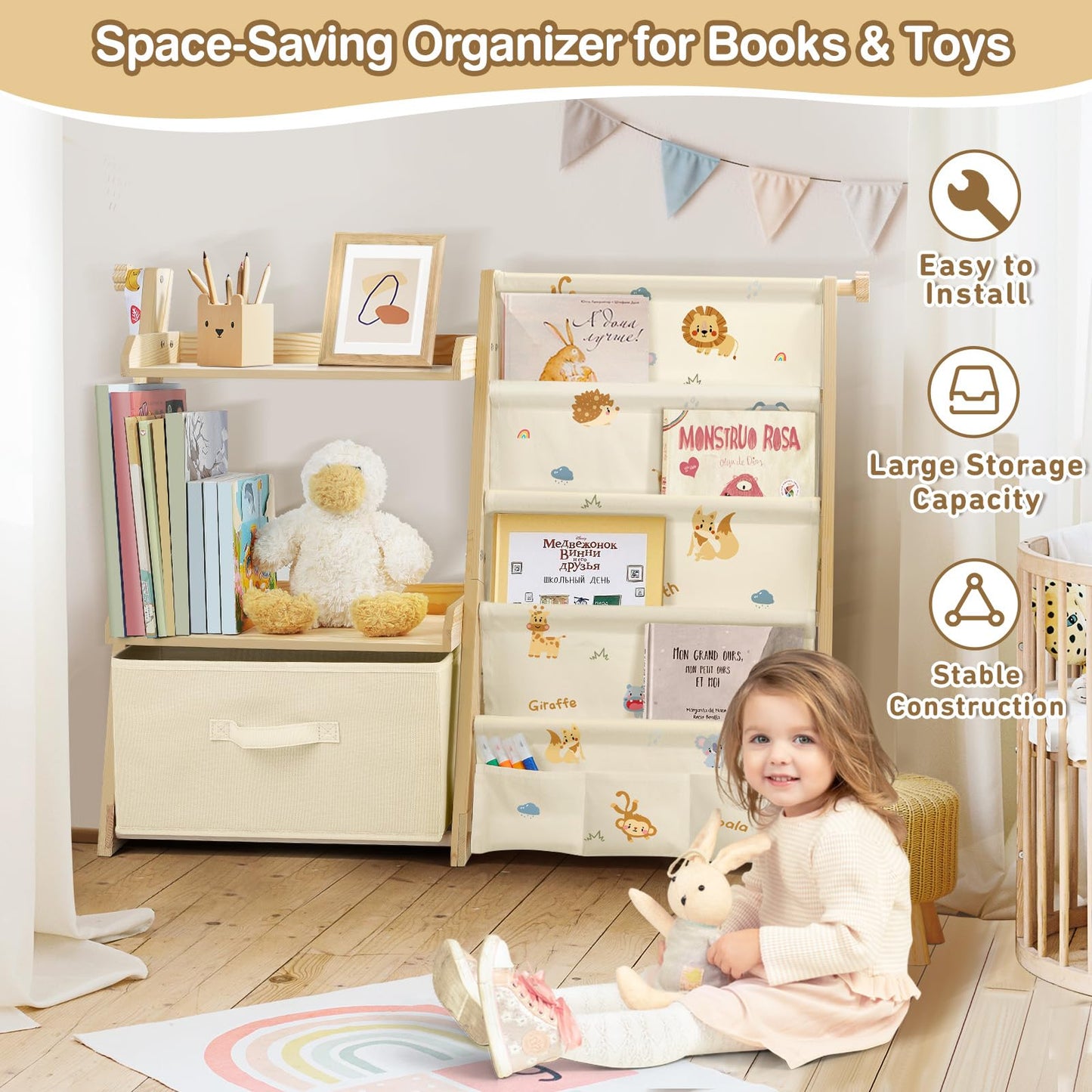 Kids Bookshelf and Toy Storage, Montessori Wooden Children Bookcase and Toy Organizer, 4-tier Toddler Sling Book Shelf with a Large Storage Box for Nursery, Bedroom, Playroom (Terrazzo)