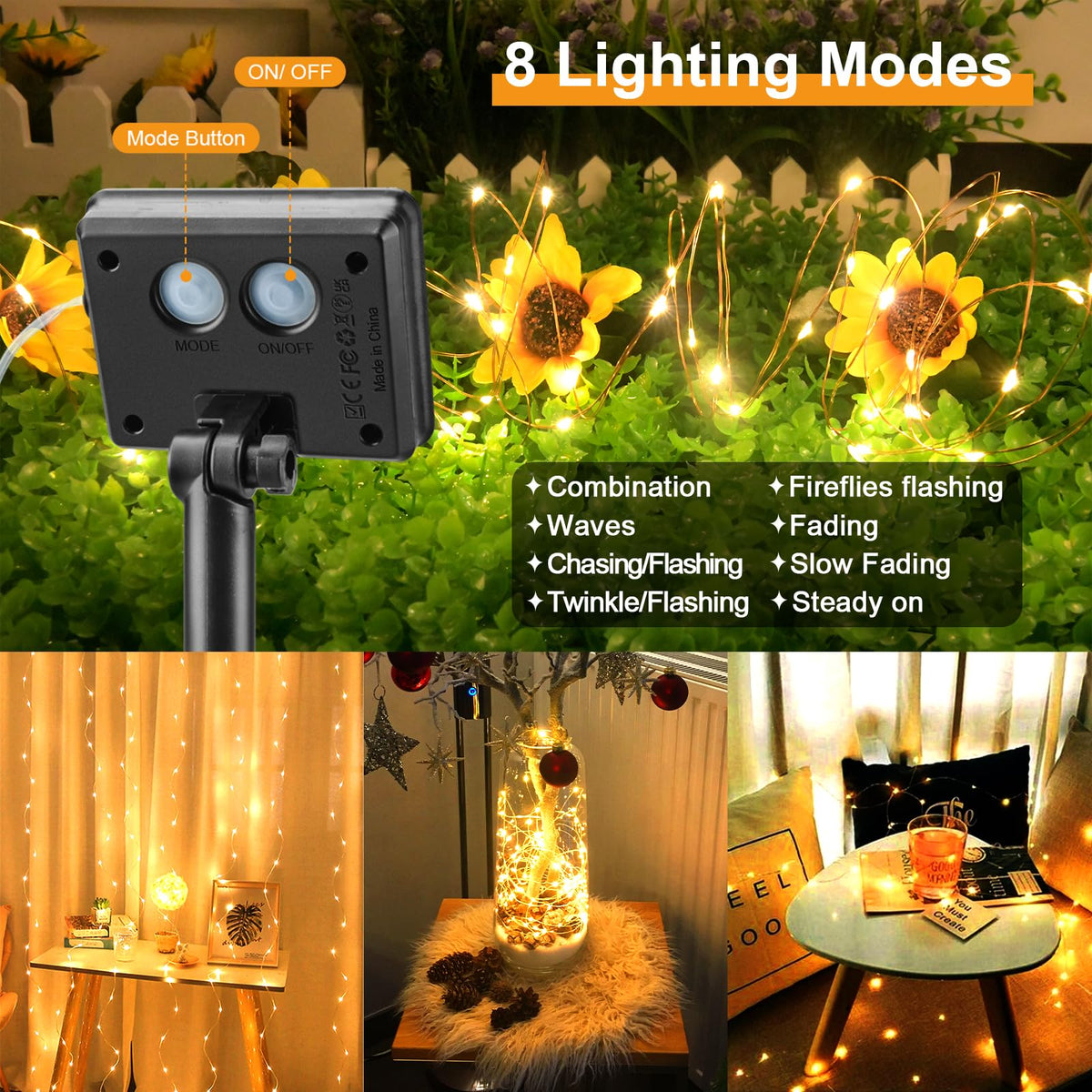 Gcstnn Garden Solar Lights Outdoor, 5M 50 LED Solar Fairy Lights, Copper Wire 8 Modes Waterproof String Lights for Yard, Christmas Tree, Bedroom, Gate, Indoor/Outside Decorations(Orange)
